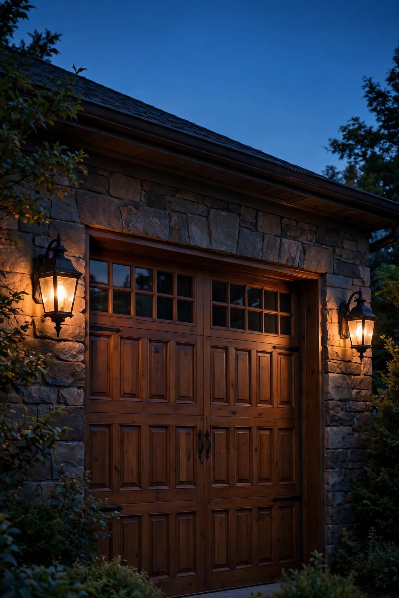 Traditional coach lights flanking a garage door at dusk, black lantern fixtures matching the front door sconces