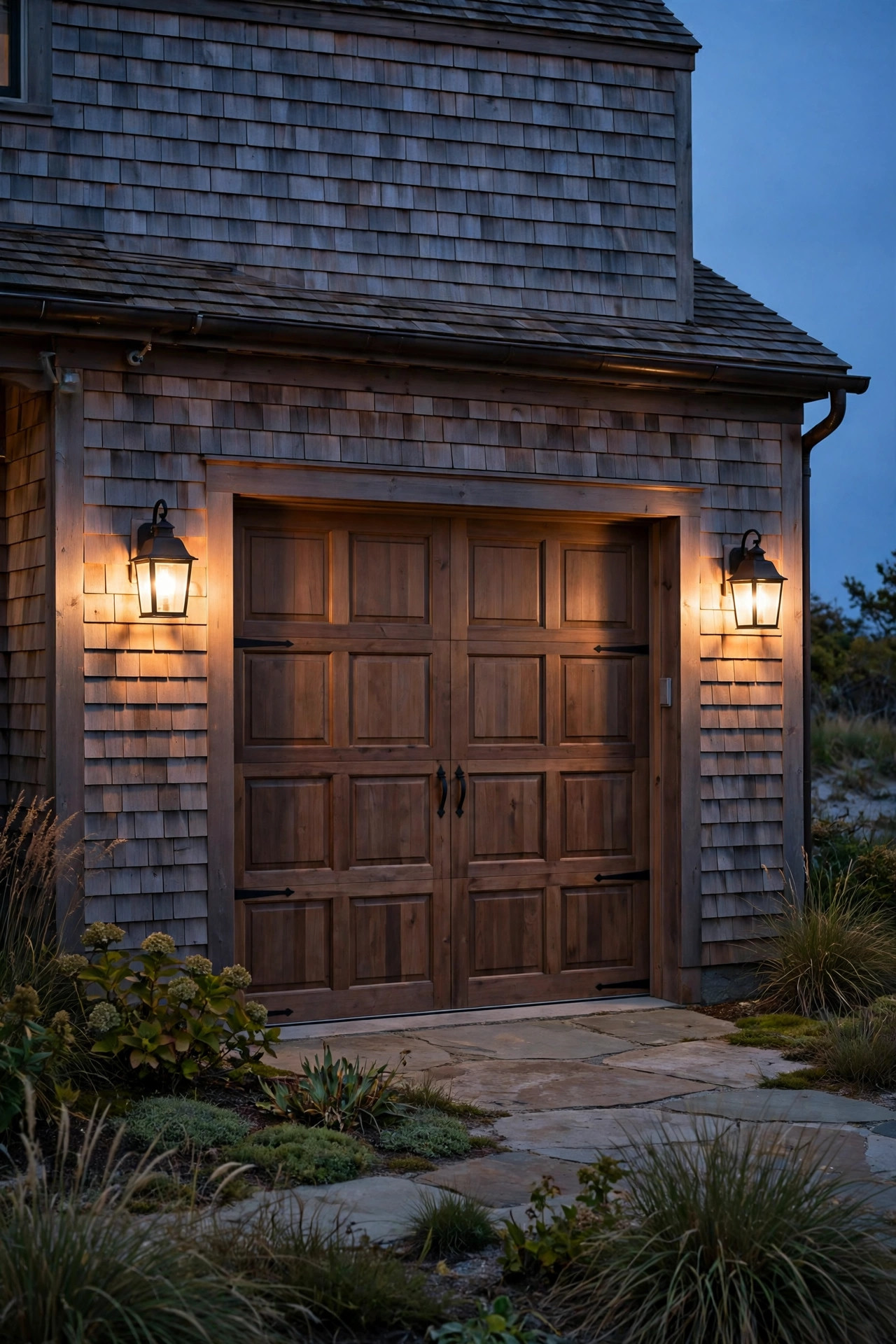 Matching lantern sconces glowing on either side of a garage door on a shingled coastal home