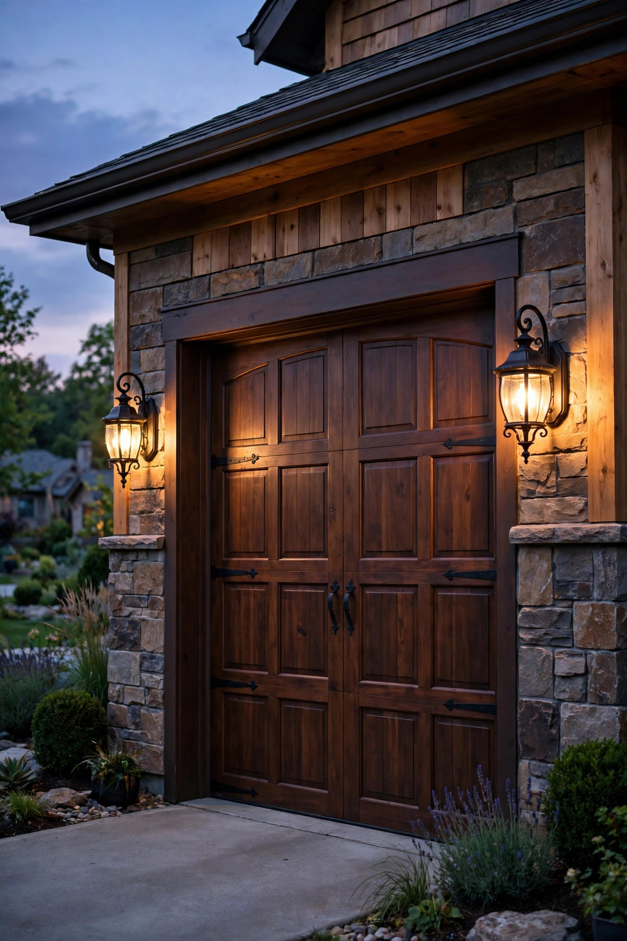 Elegant hardwired carriage-style sconces glowing on either side of a garage door at dusk