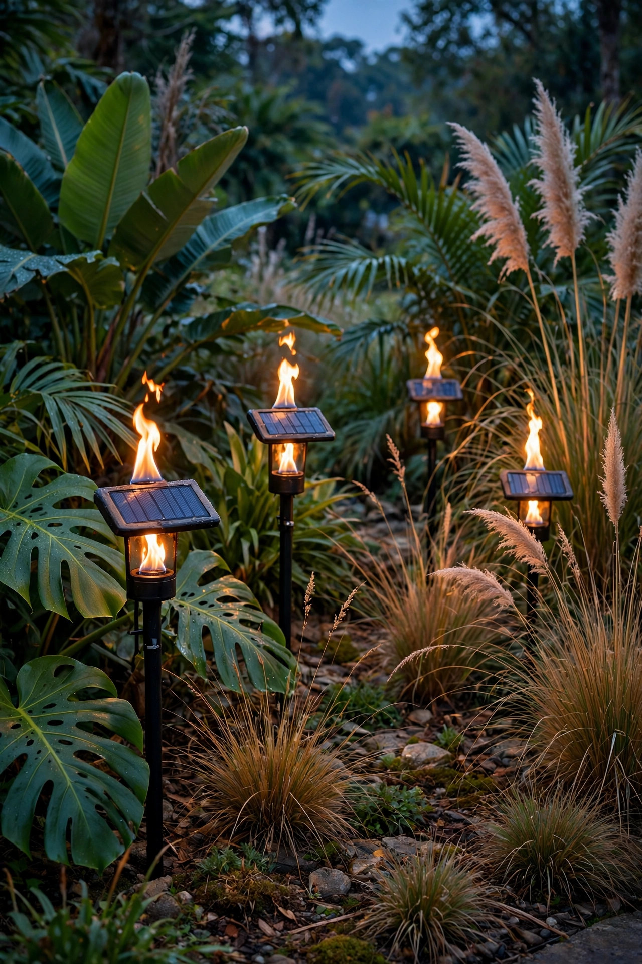 Solar flame torches glowing among large tropical leaves and ornamental grasses in a garden bed