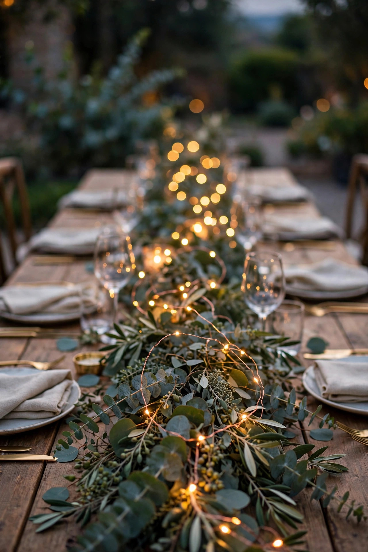 Copper wire fairy lights twinkling through a eucalyptus garland running down a wedding banquet table