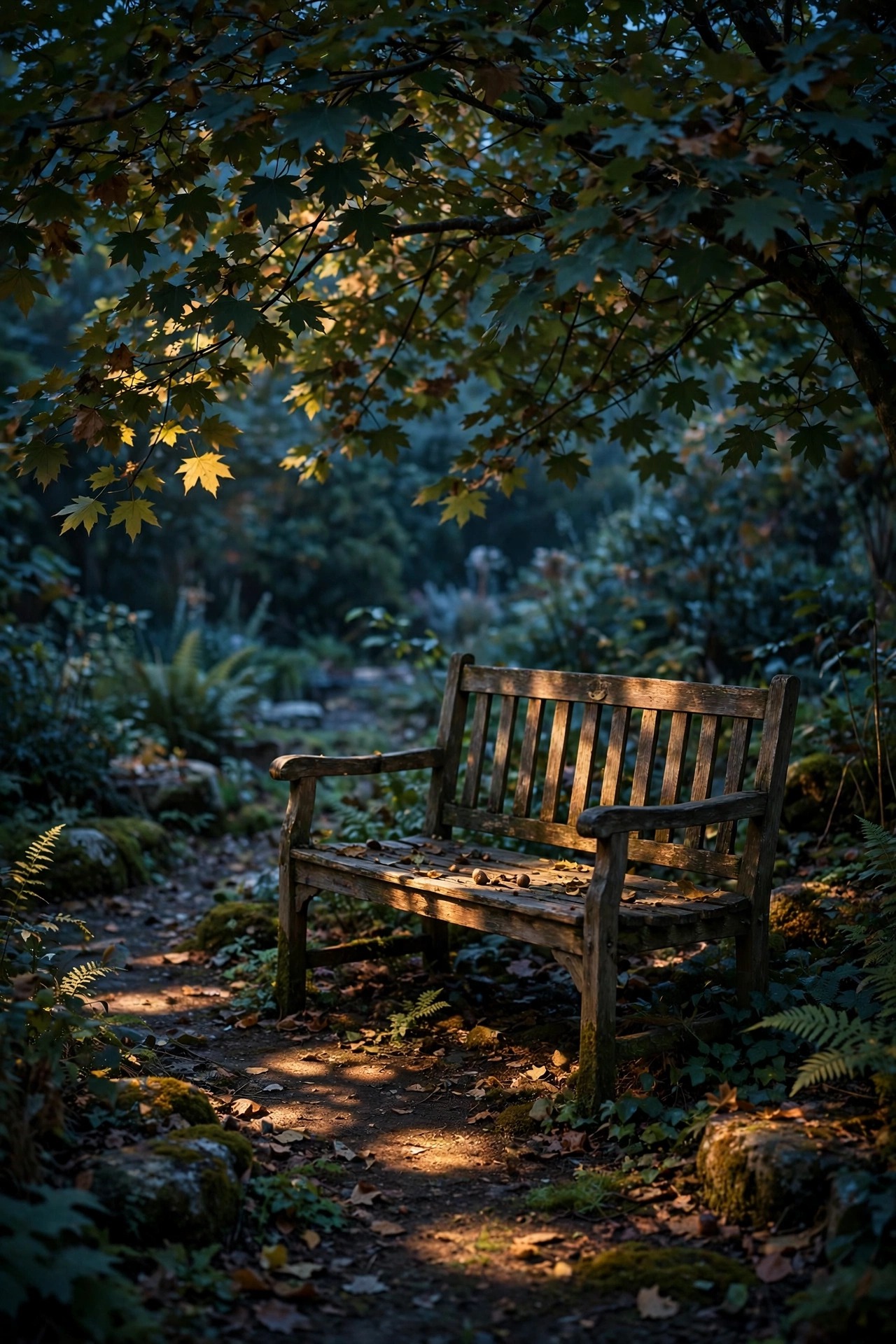 Soft moonlight-style downlighting falling through a tree canopy onto a garden bench at dusk, gentle dappled pools of warm light on the ground
