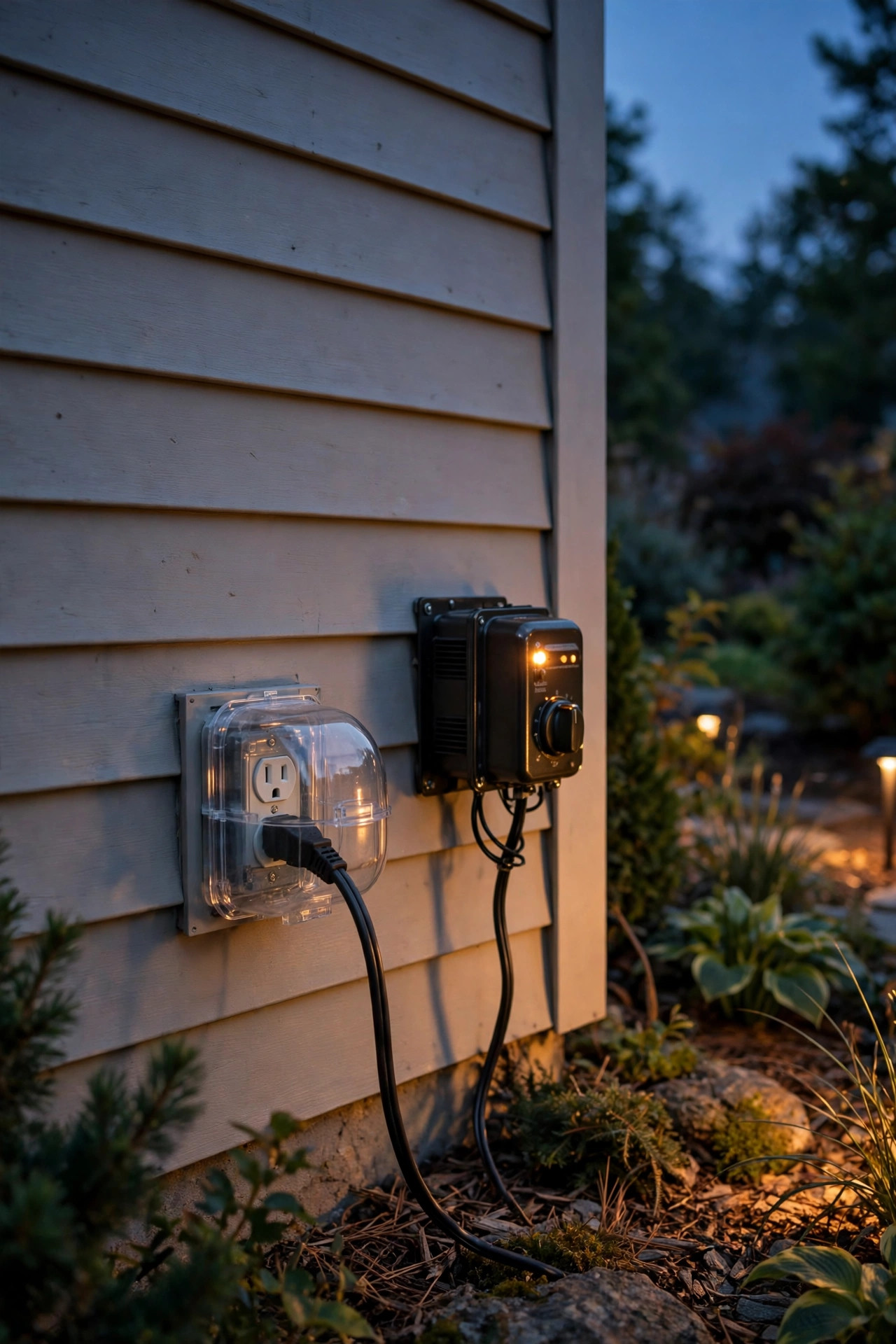 Outdoor GFCI outlet with a clear in-use weatherproof cover powering a landscape lighting transformer on a home's siding at dusk