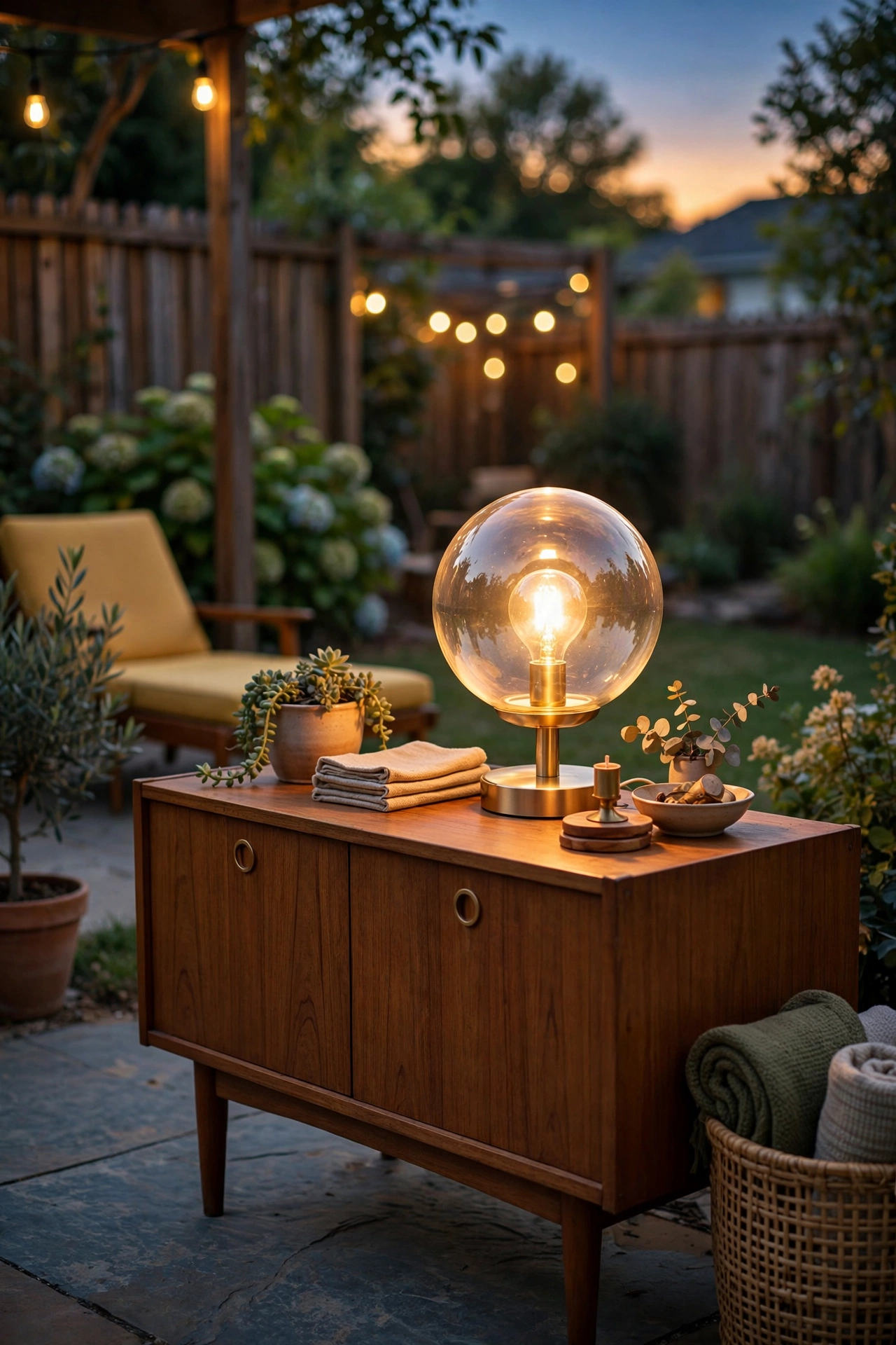 Glowing globe table lamp on a teak outdoor sideboard with mid century modern patio decor at dusk
