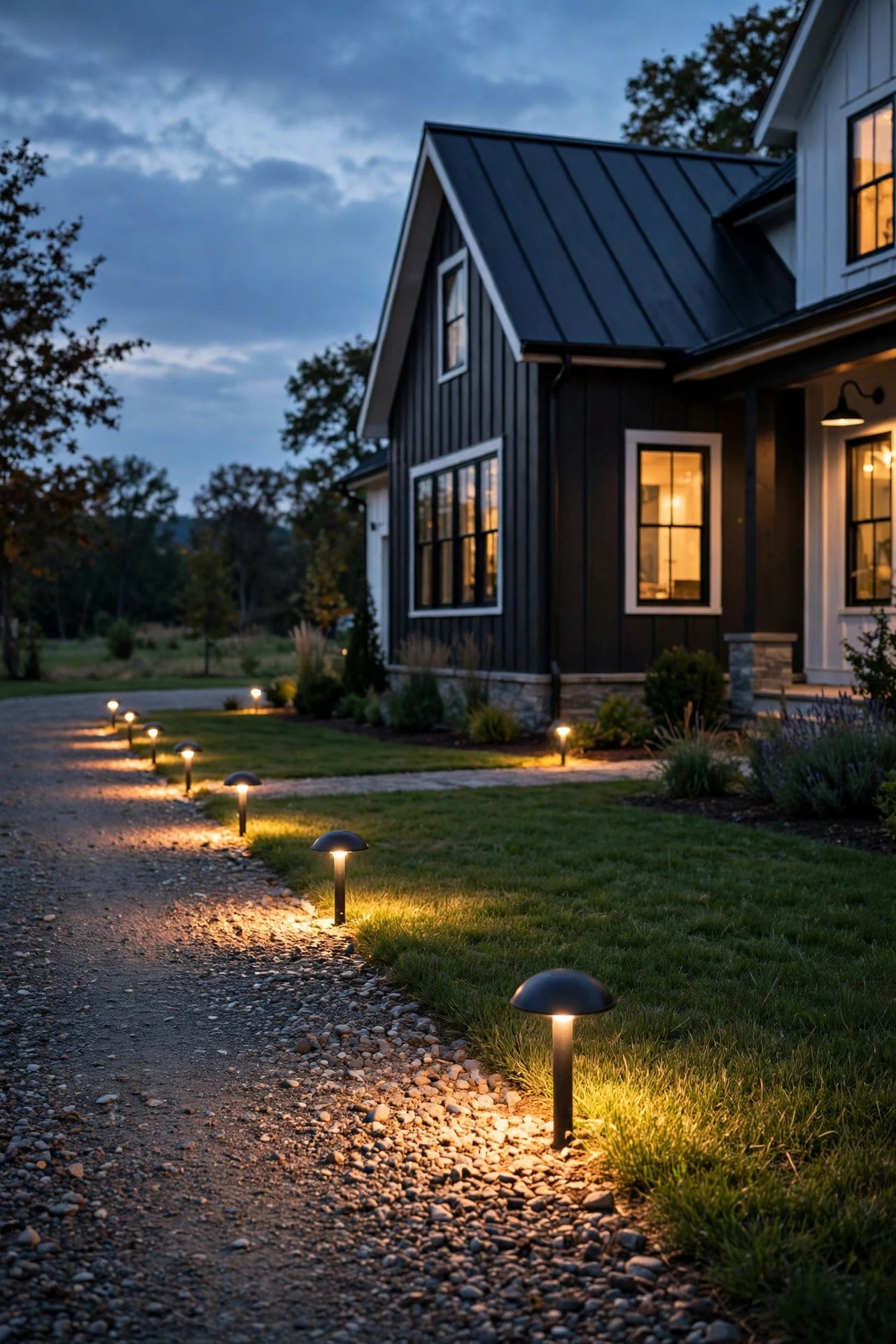 Low dome lights glowing along the edge of a gravel driveway at dusk beside a modern farmhouse style home