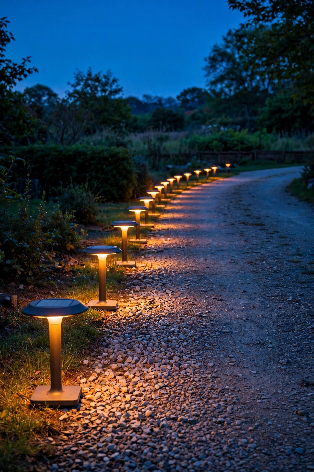 Solar lights with wide bases glowing along the edge of a gravel driveway at dusk