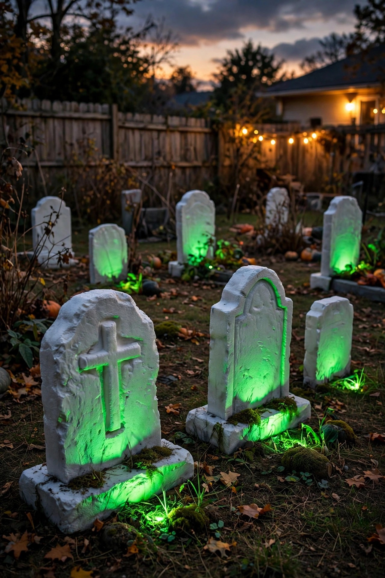 Foam tombstones in a backyard graveyard lit from below with green spotlights