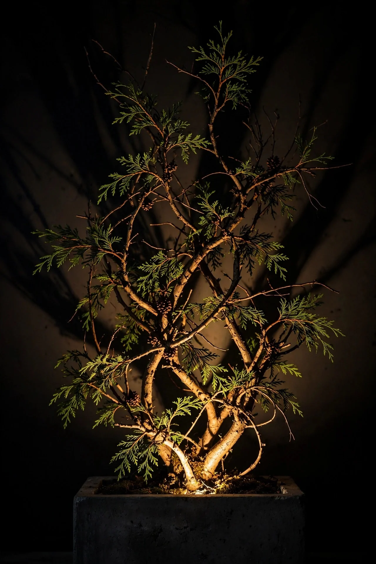 Fresh cedar boughs in planters dramatically lit from below by a single warm spotlight