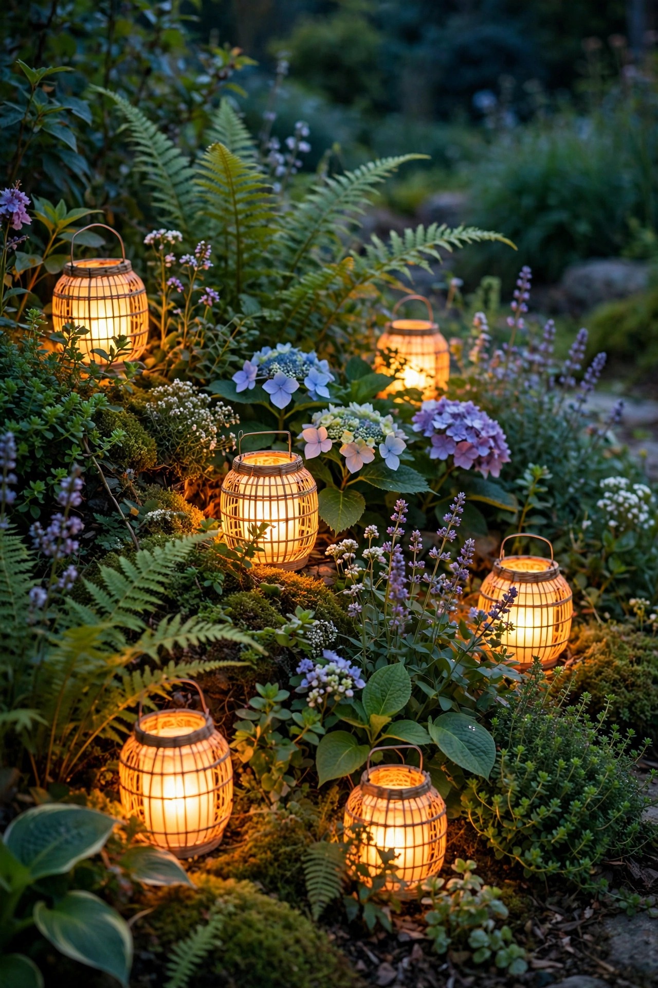 Low lanterns tucked into lush garden plantings making the flower bed glow from within