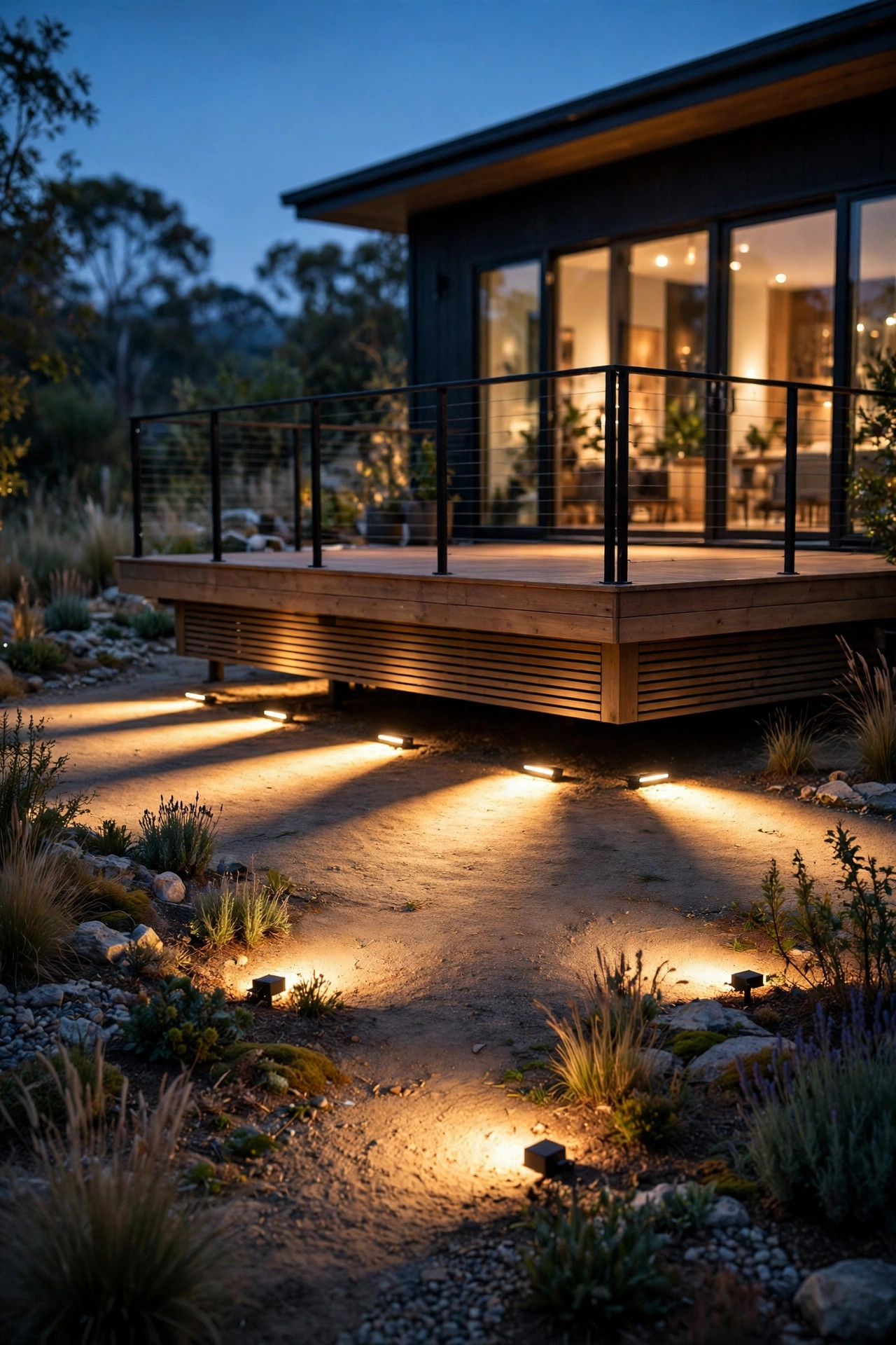 Wide wash lights skimming the ground in front of deck skirting creating a floating deck effect