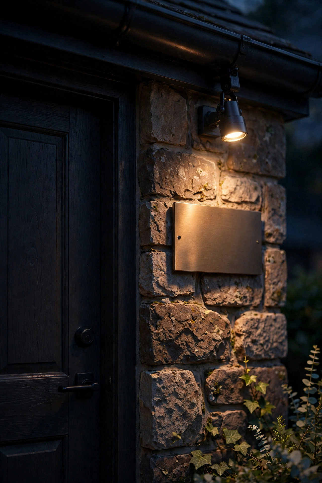 Small gutter clip spotlight highlighting illuminated house numbers beside a front door at night