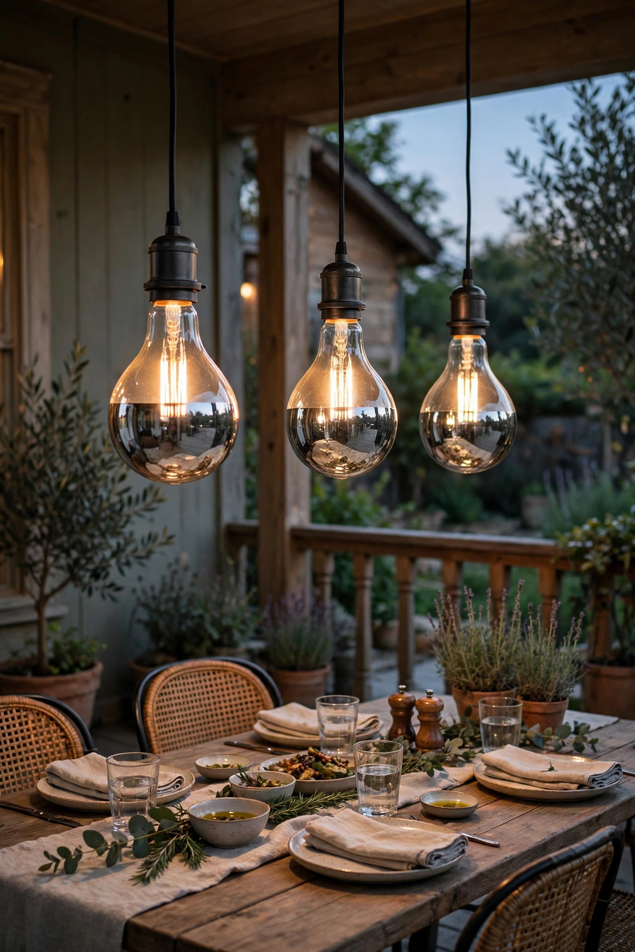 Half-chrome dipped vintage filament bulbs in pendants over a porch dining table, glowing glare-free at dusk