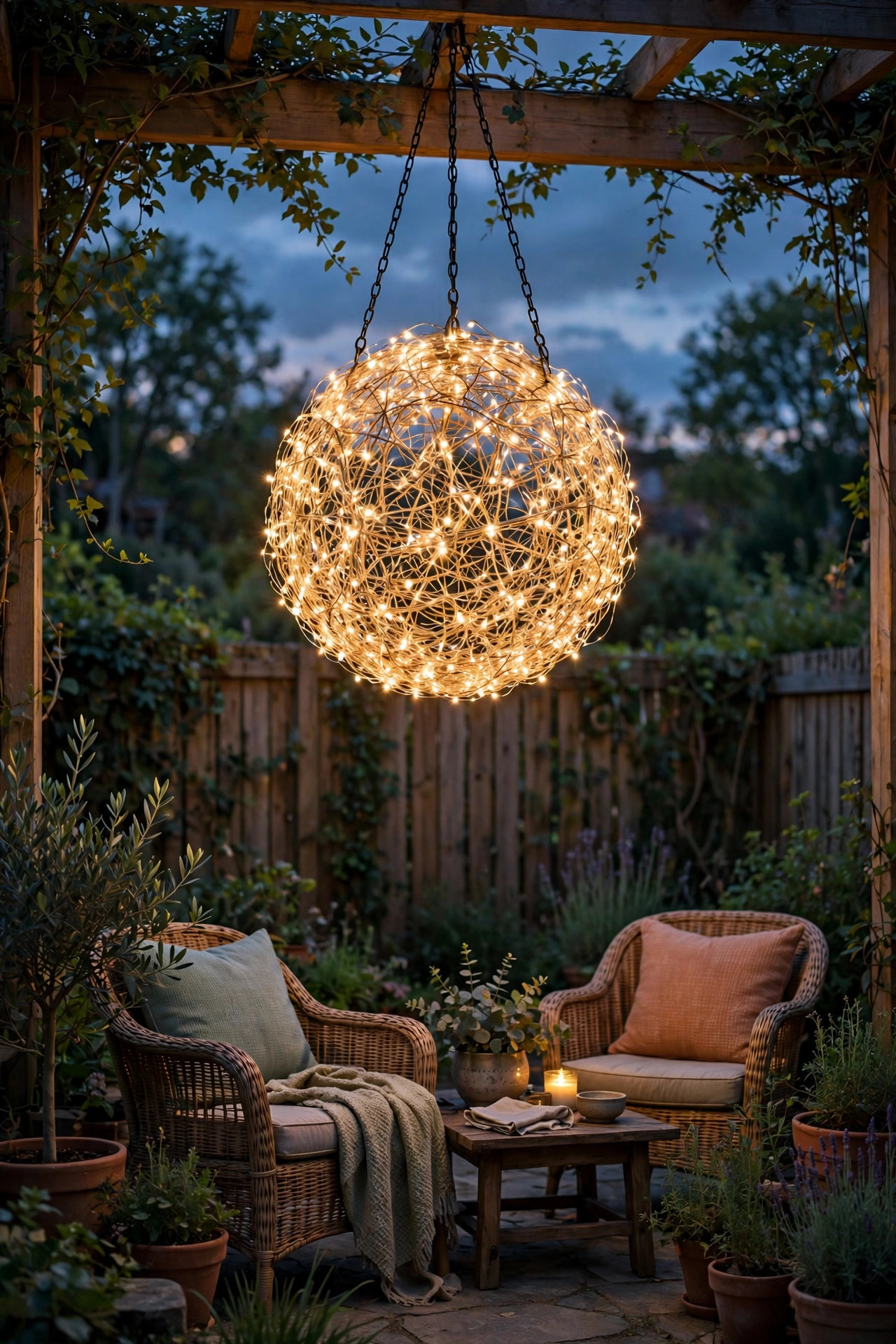 Outdoor fairy light chandelier hanging from a pergola beam over a seating area
