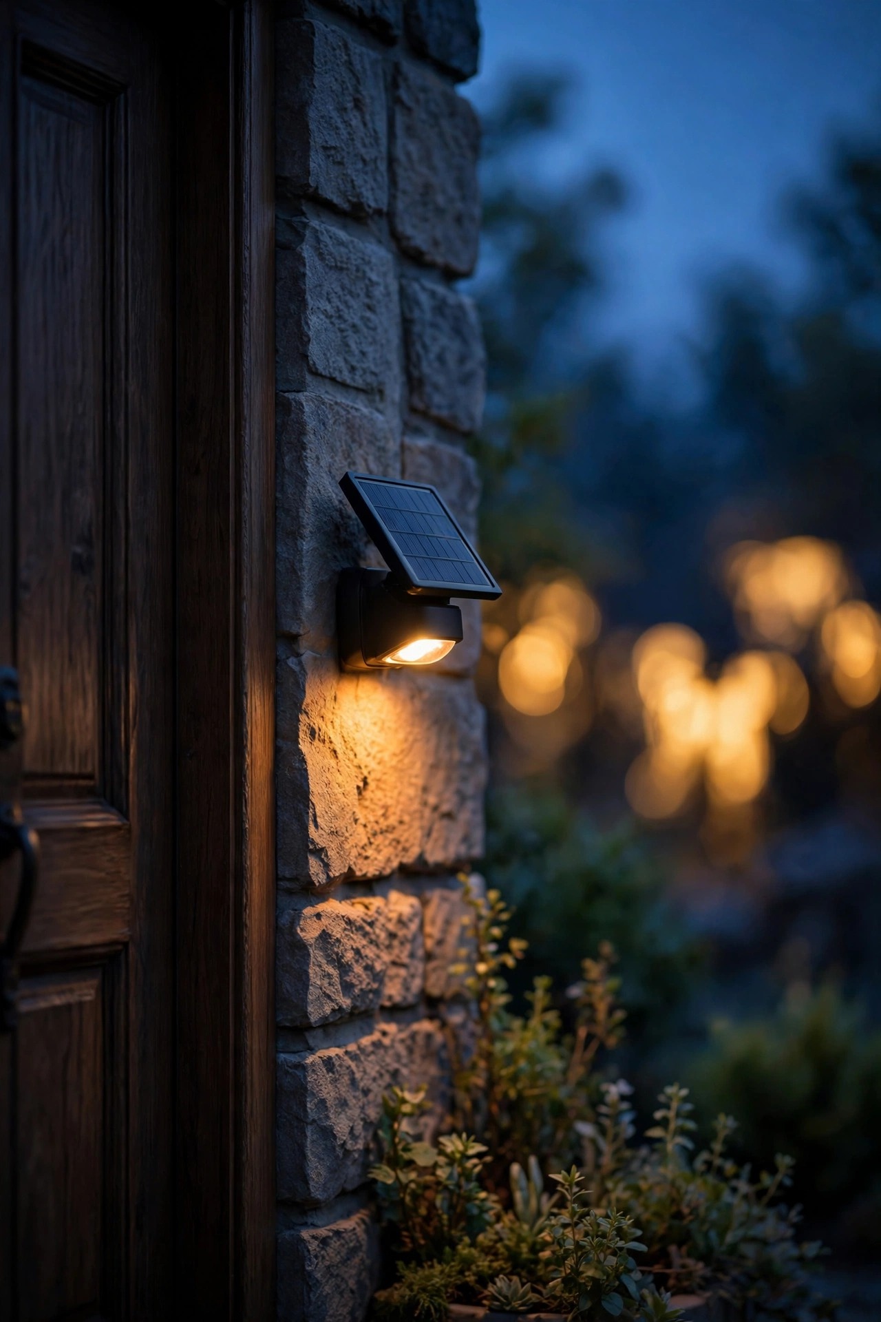 Small solar light washing warm light across house numbers beside a front door at dusk, tiny solar panel angled toward the morning sun