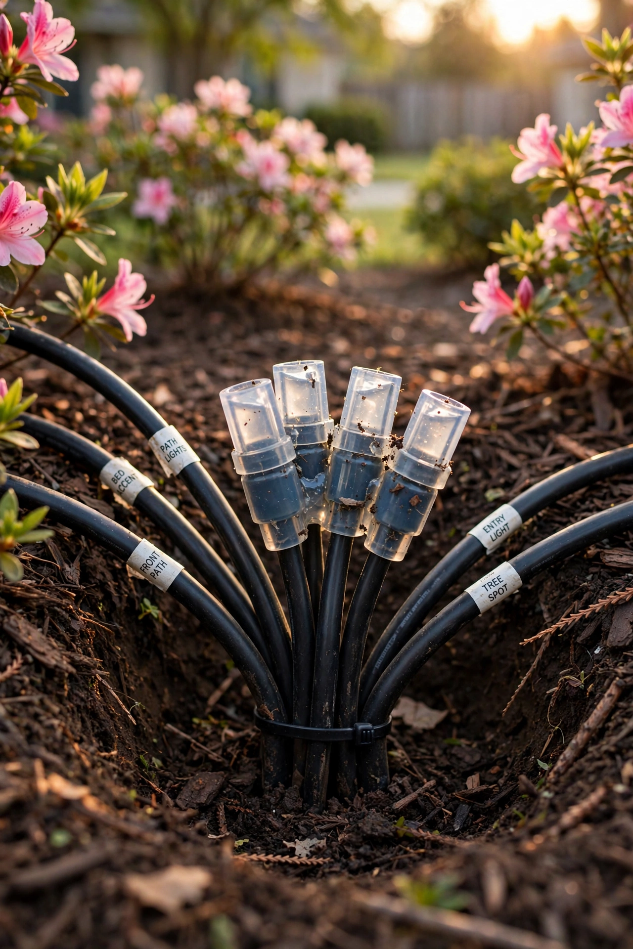 Waterproof grease-filled wire connectors at a buried hub point in a mulched planting bed with labeled low-voltage cables