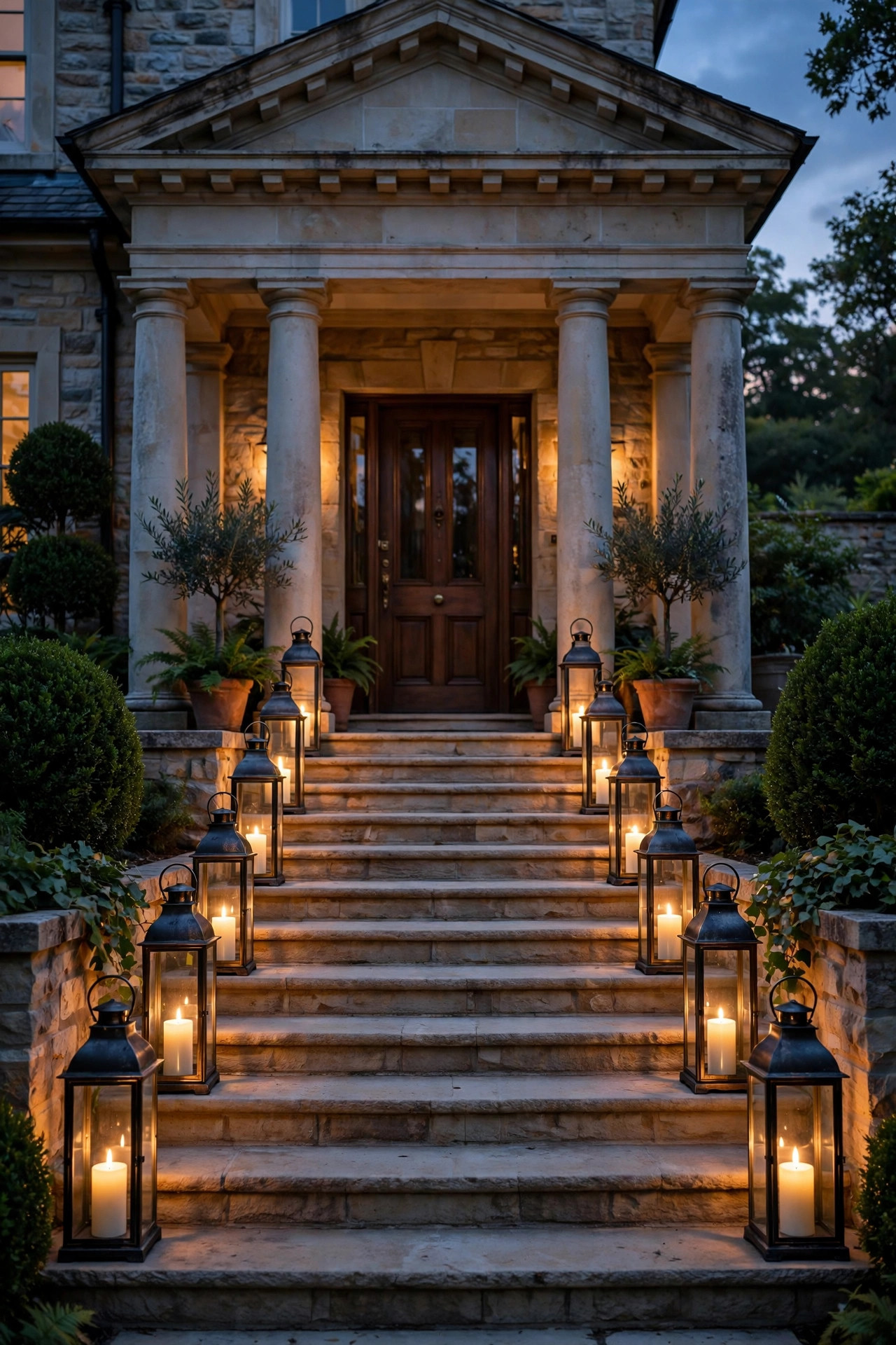 Tall hurricane lanterns with flickering flameless candles lining the steps of a grand portico entry