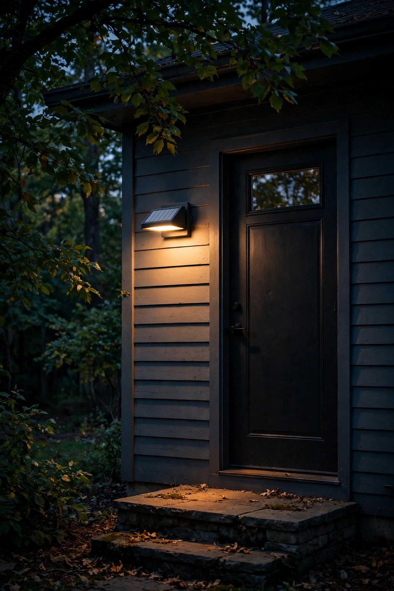 Solar wall light glowing beside a shaded back door at dusk