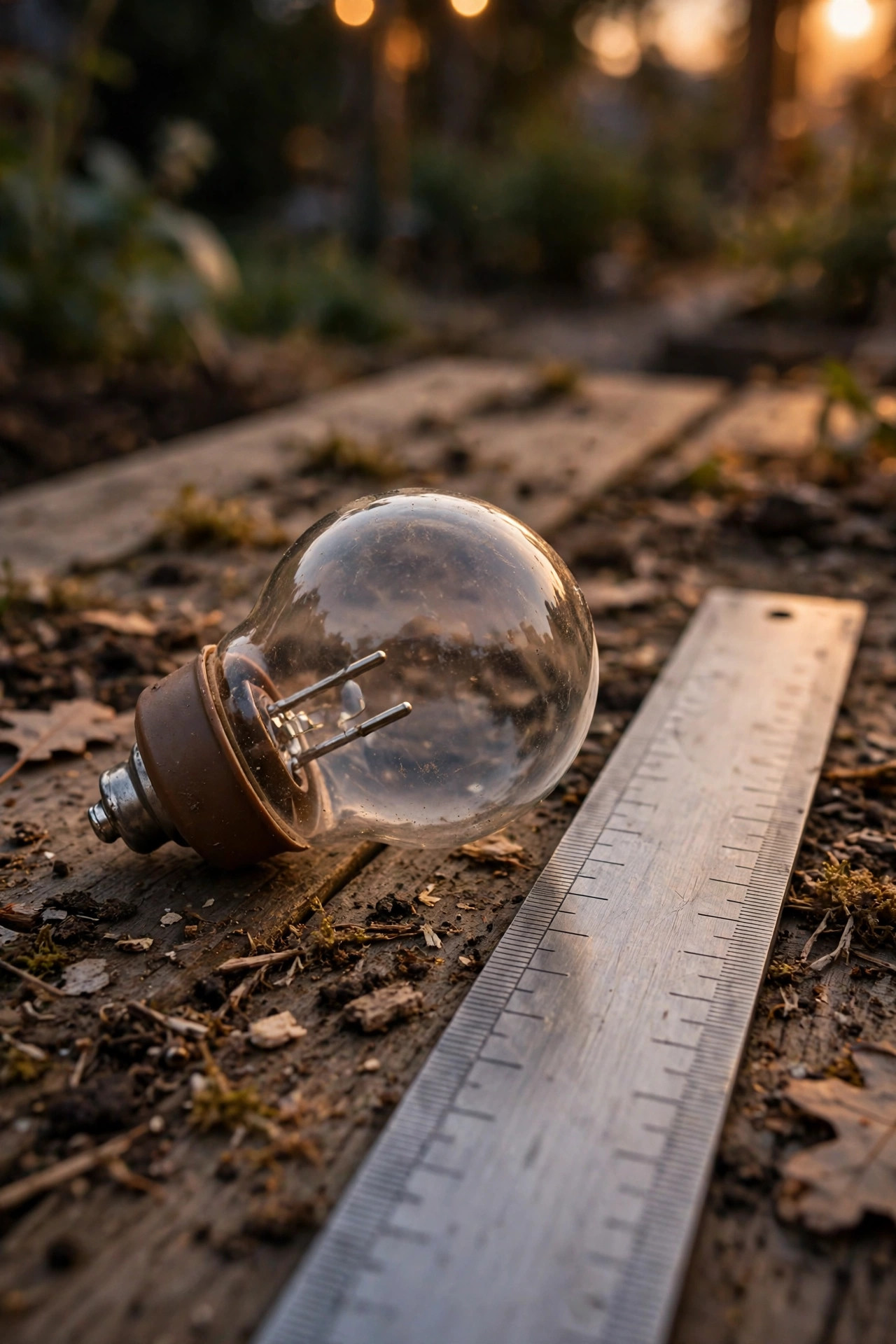 Hands-free close look at a removed landscape bulb beside a ruler for identifying bulb type and pin spacing during replacement
