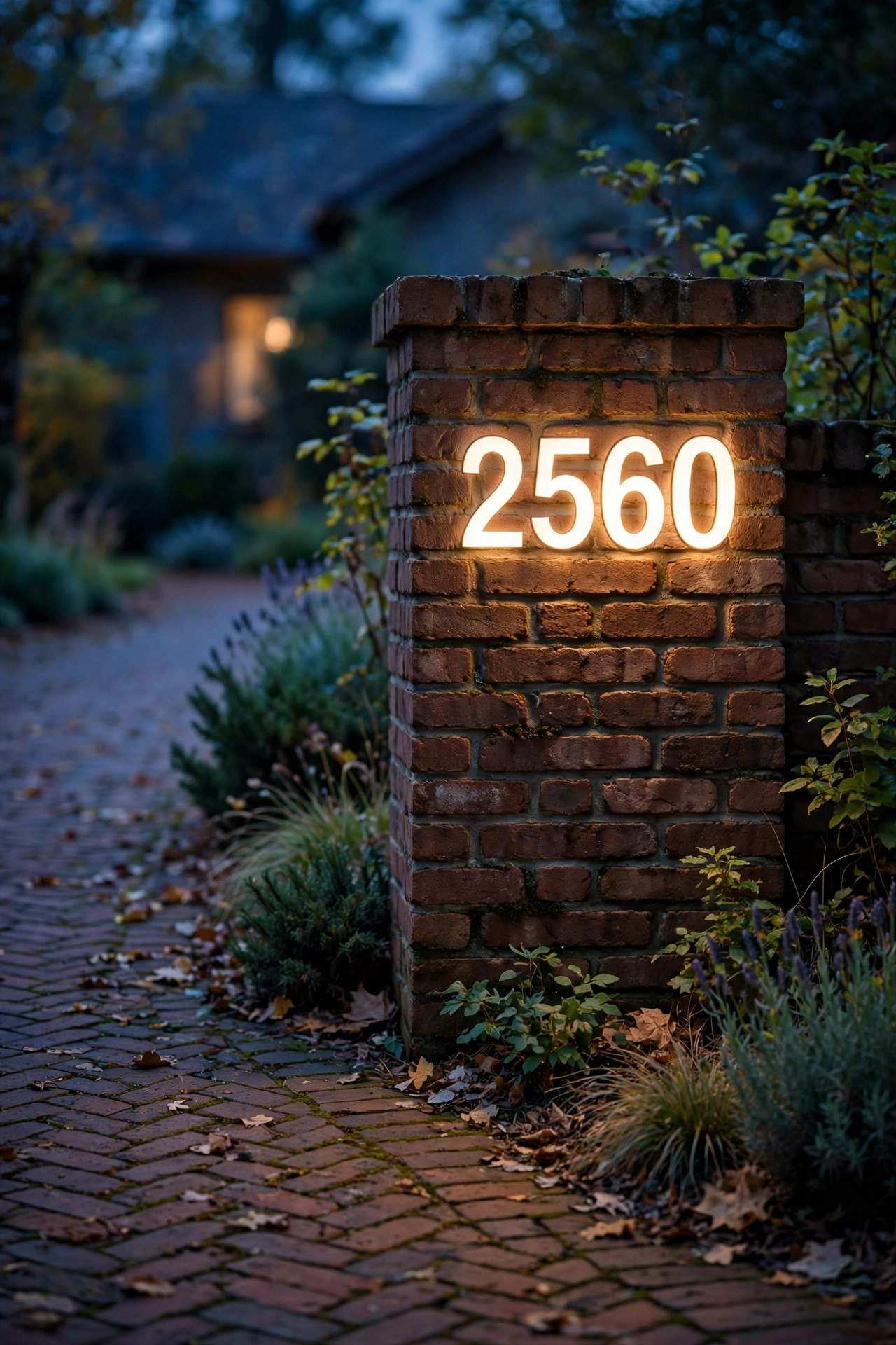 Backlit house numbers glowing warm white on a brick driveway entrance pillar at dusk
