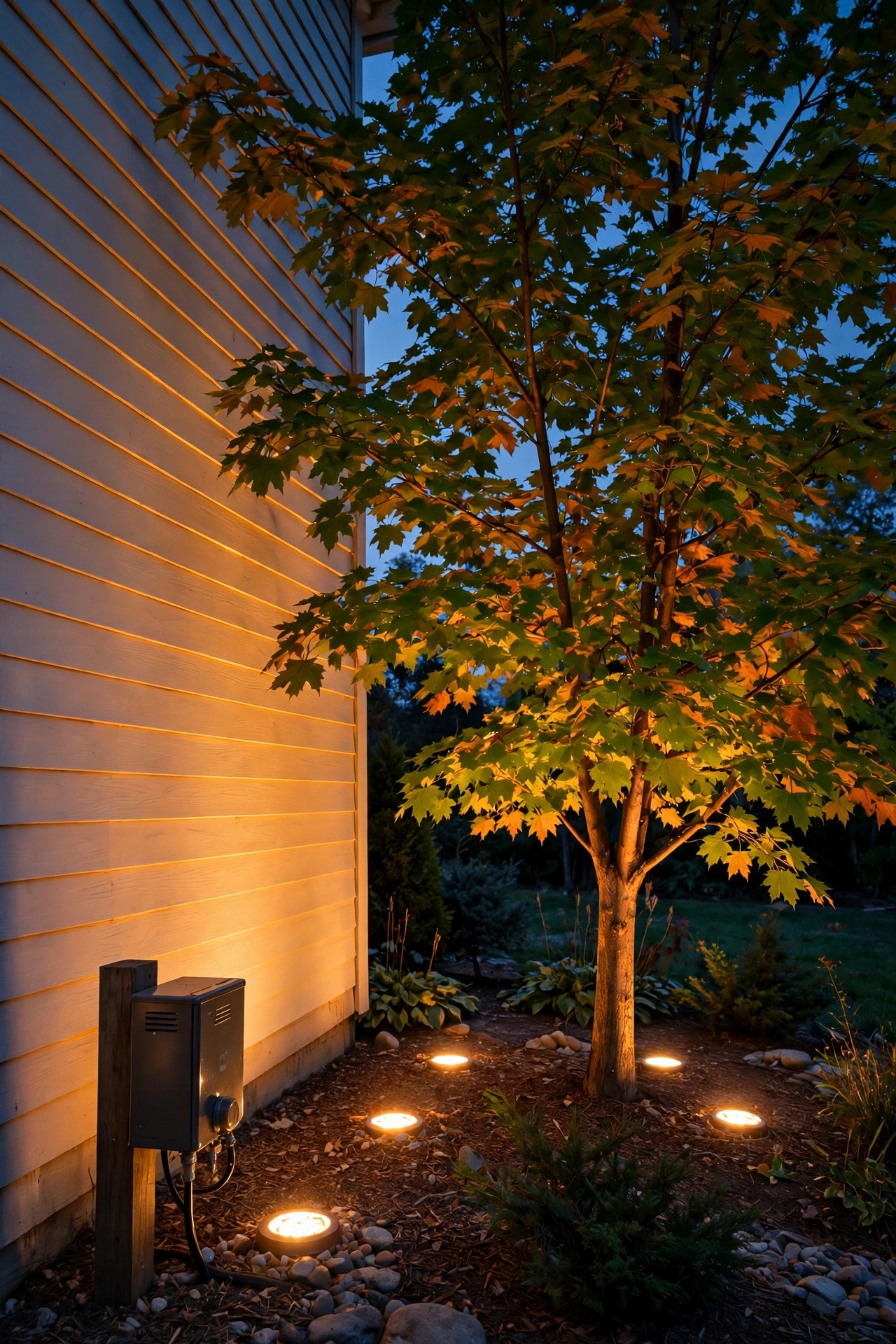 Photorealistic dusk view of flush in-ground well lights uplighting a maple tree and washing a house wall with warm light, a low-voltage landscape transformer mounted on a post nearby