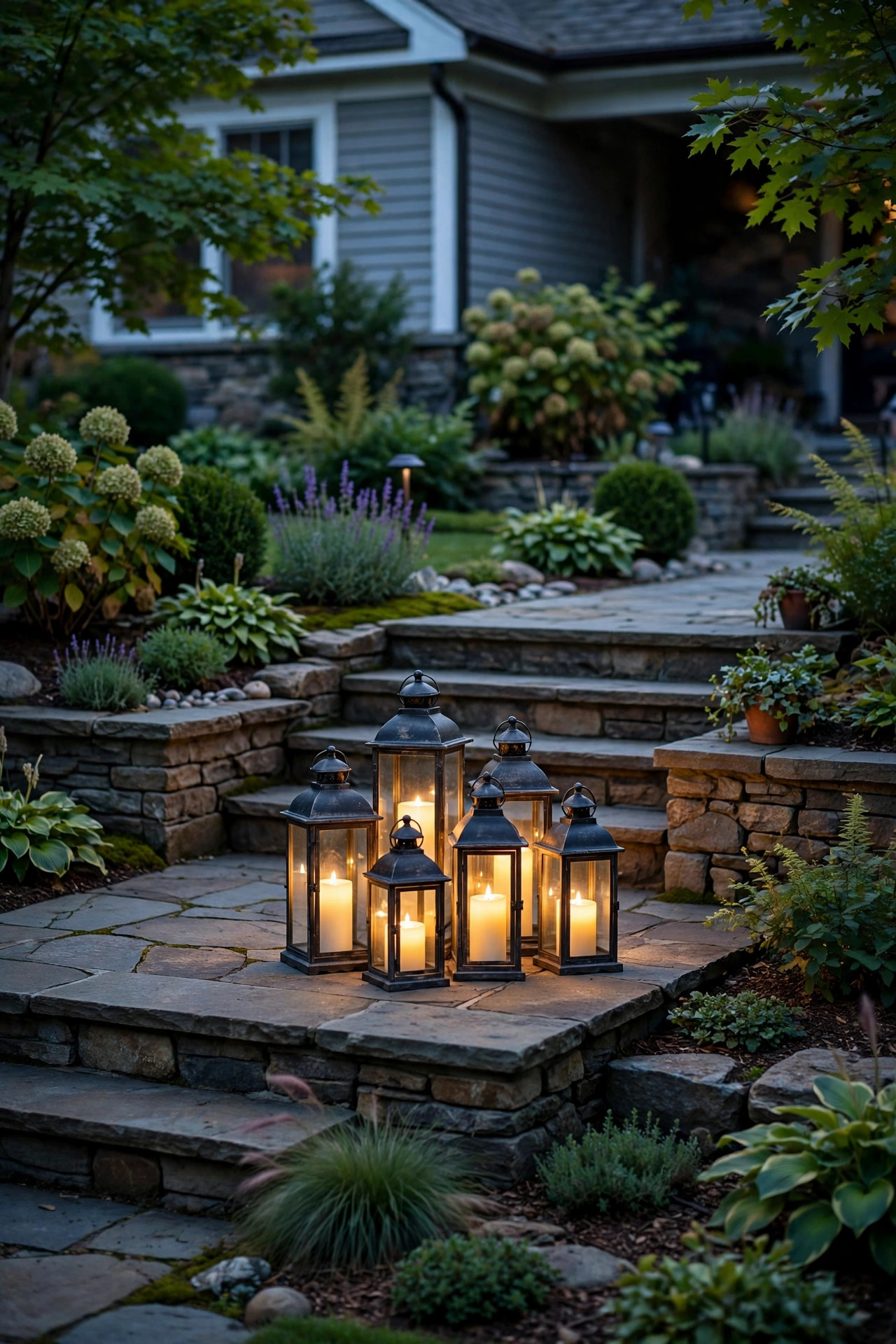 Cluster of metal lanterns with flameless candles glowing on a wide stone stair landing between terraces