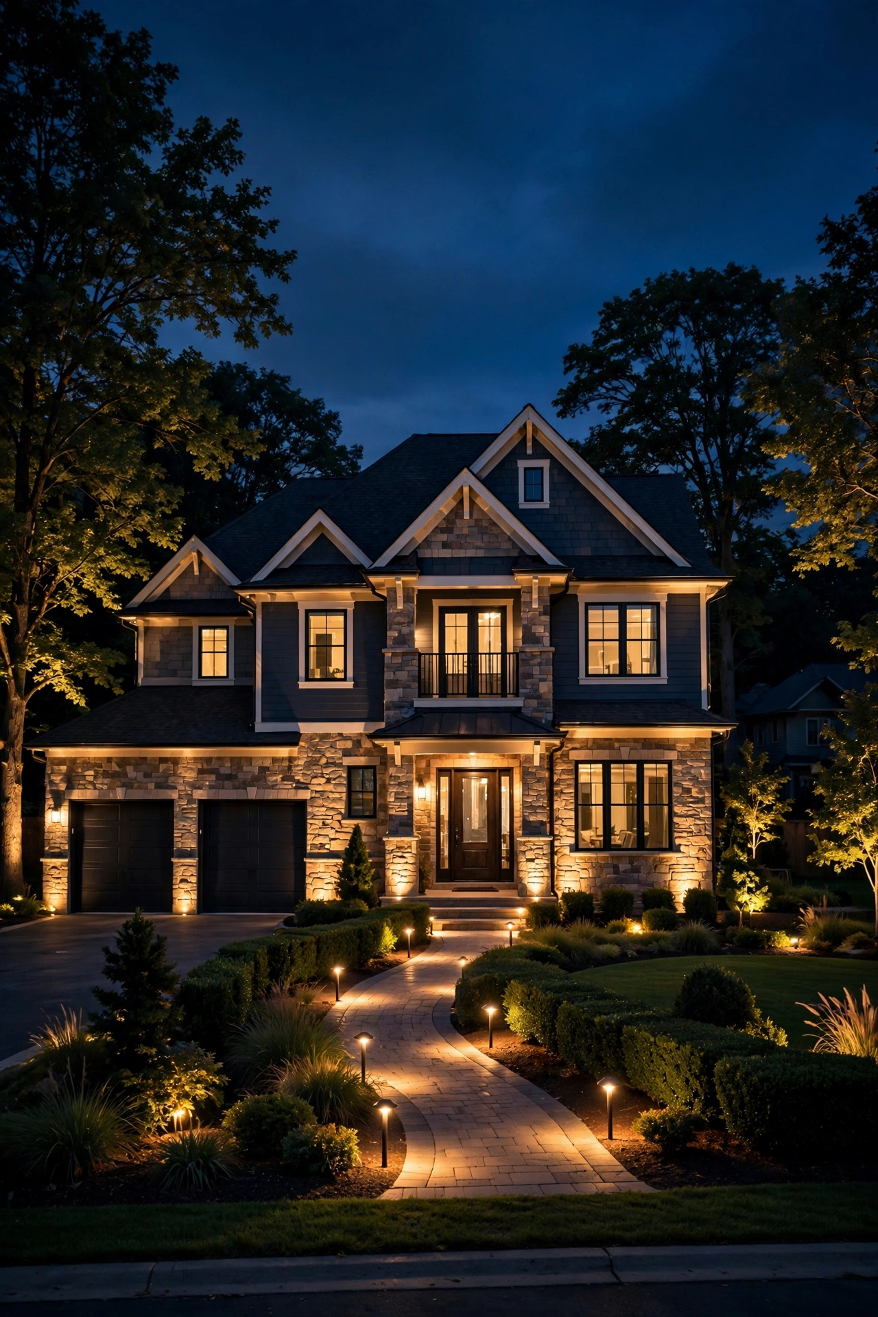 Elegant two-story suburban home facade glowing with warm uplighting at night