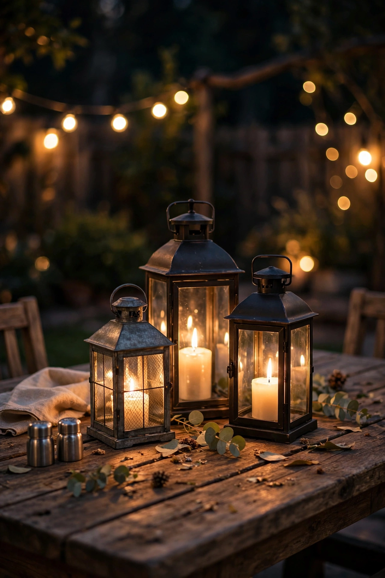Cluster of mixed-height lanterns with candles glowing on a patio dining table
