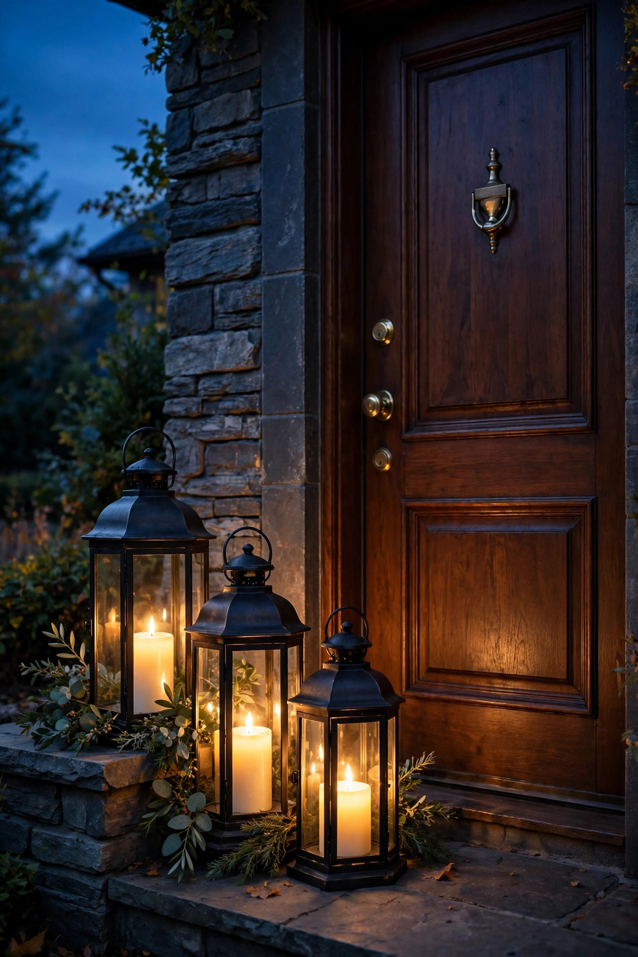 Cluster of three black metal lanterns with flameless candles glowing beside a front door