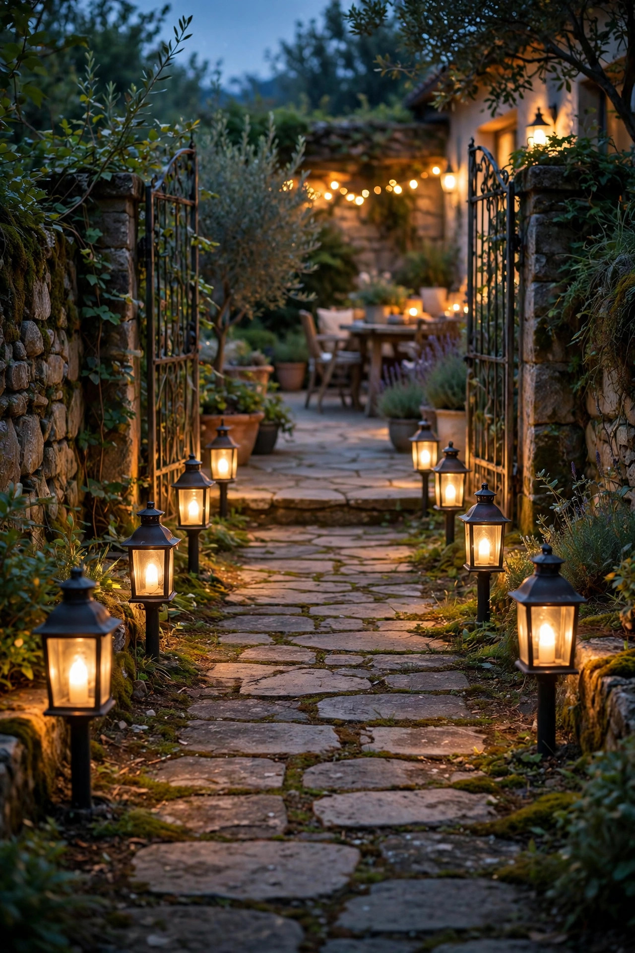 Stone path at dusk lined with glowing metal lanterns leading from a garden gate to a lit patio