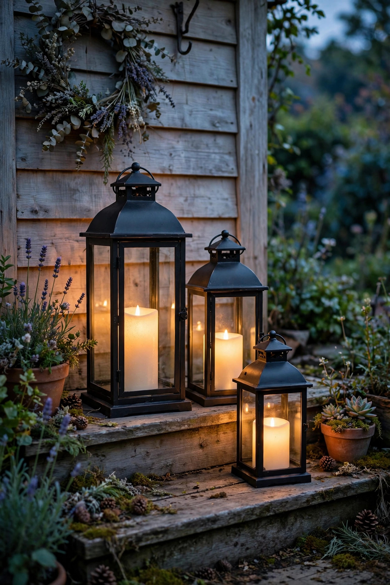 Cluster of flameless candle lanterns in staggered heights glowing on a she shed porch step