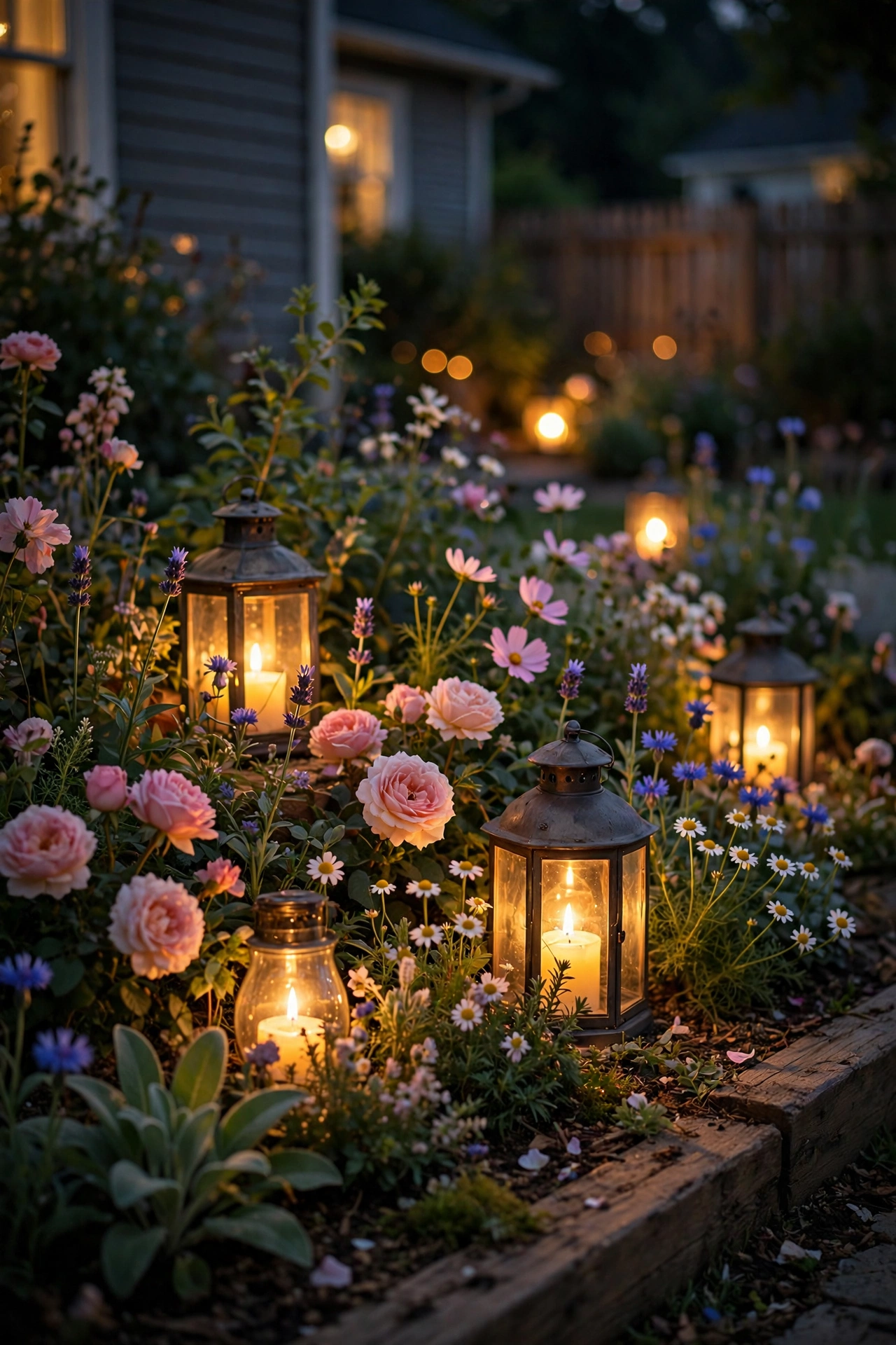 Glowing lanterns tucked among flowers in a cottage garden bed at night