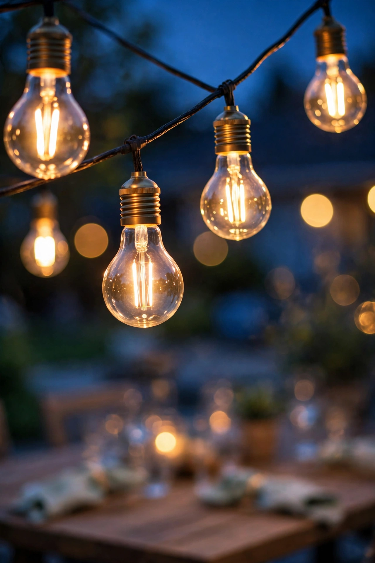 Warm LED bulbs glowing in outdoor string lights at dusk above a patio table