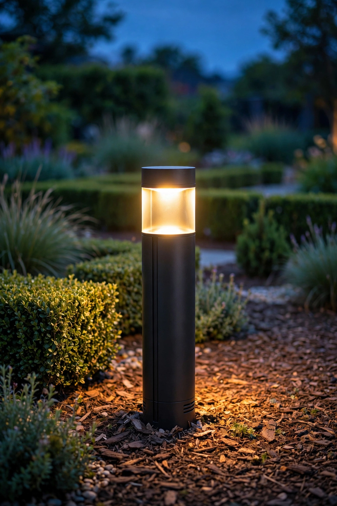 Person wiping clean the lens of an LED path light in a garden with trim landscaping at dusk