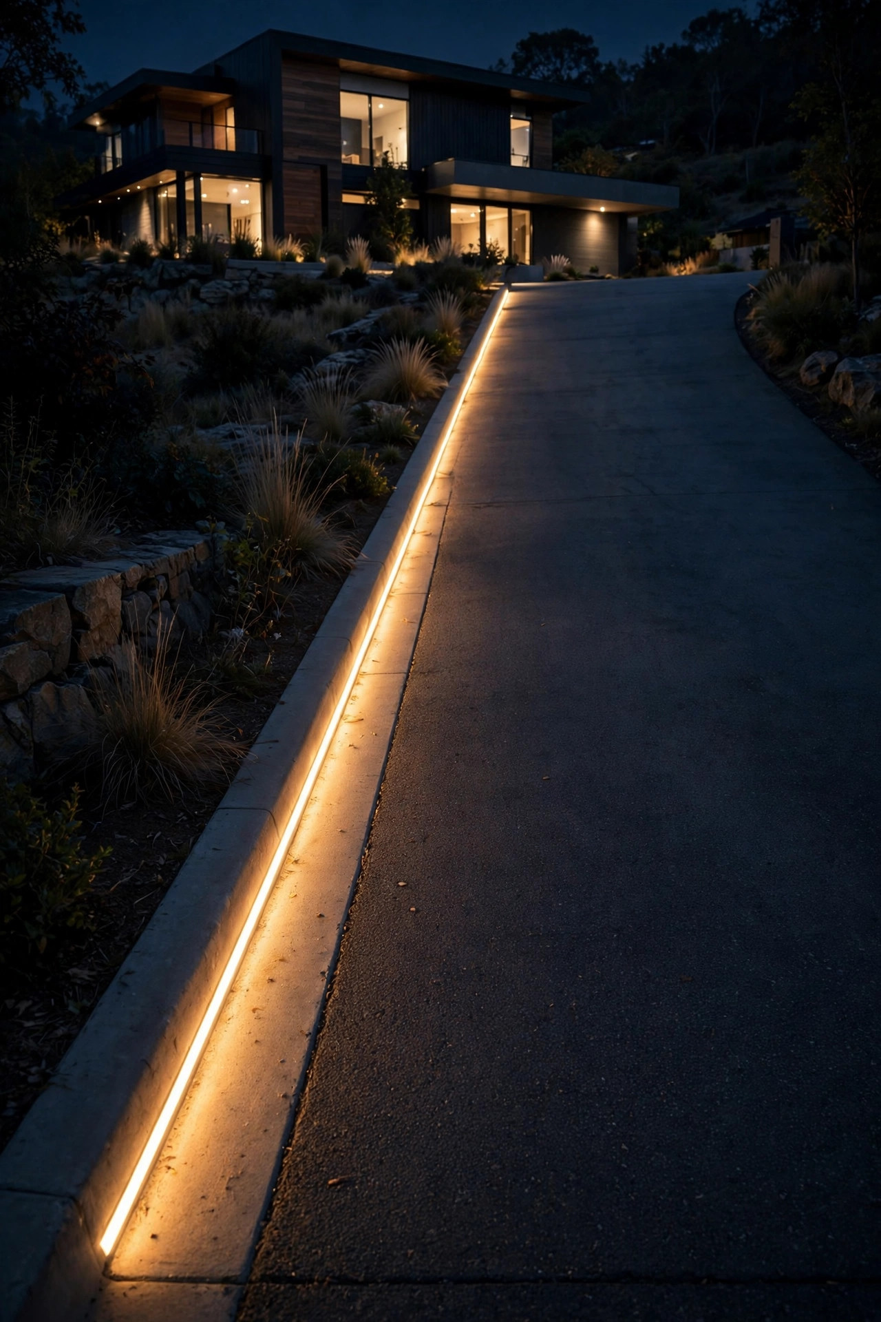 A continuous warm LED strip light running along the curb line of a steep modern driveway after dark