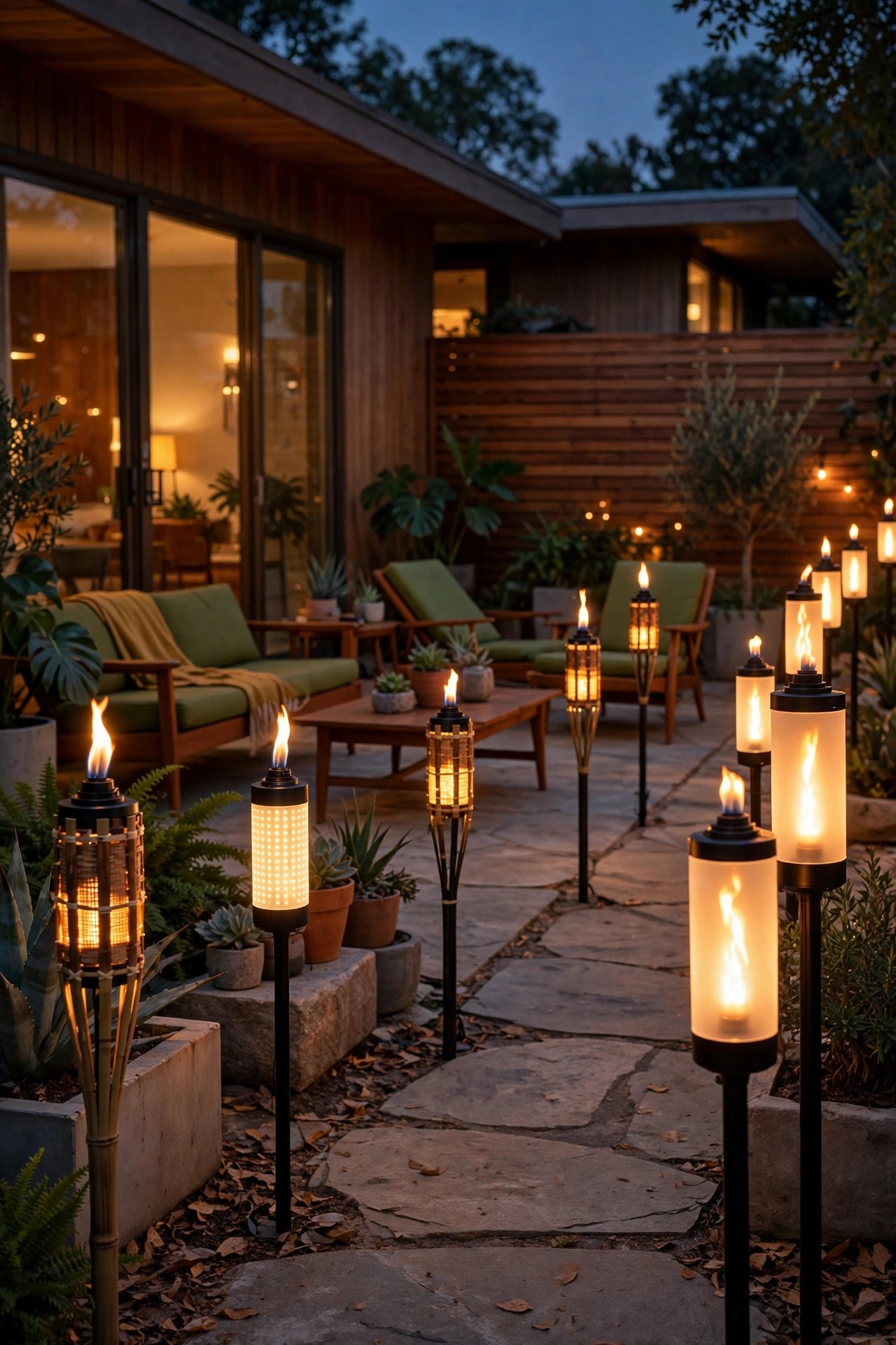 Flameless LED tiki torches with flickering amber flames lining a mid-century patio lounge area at dusk