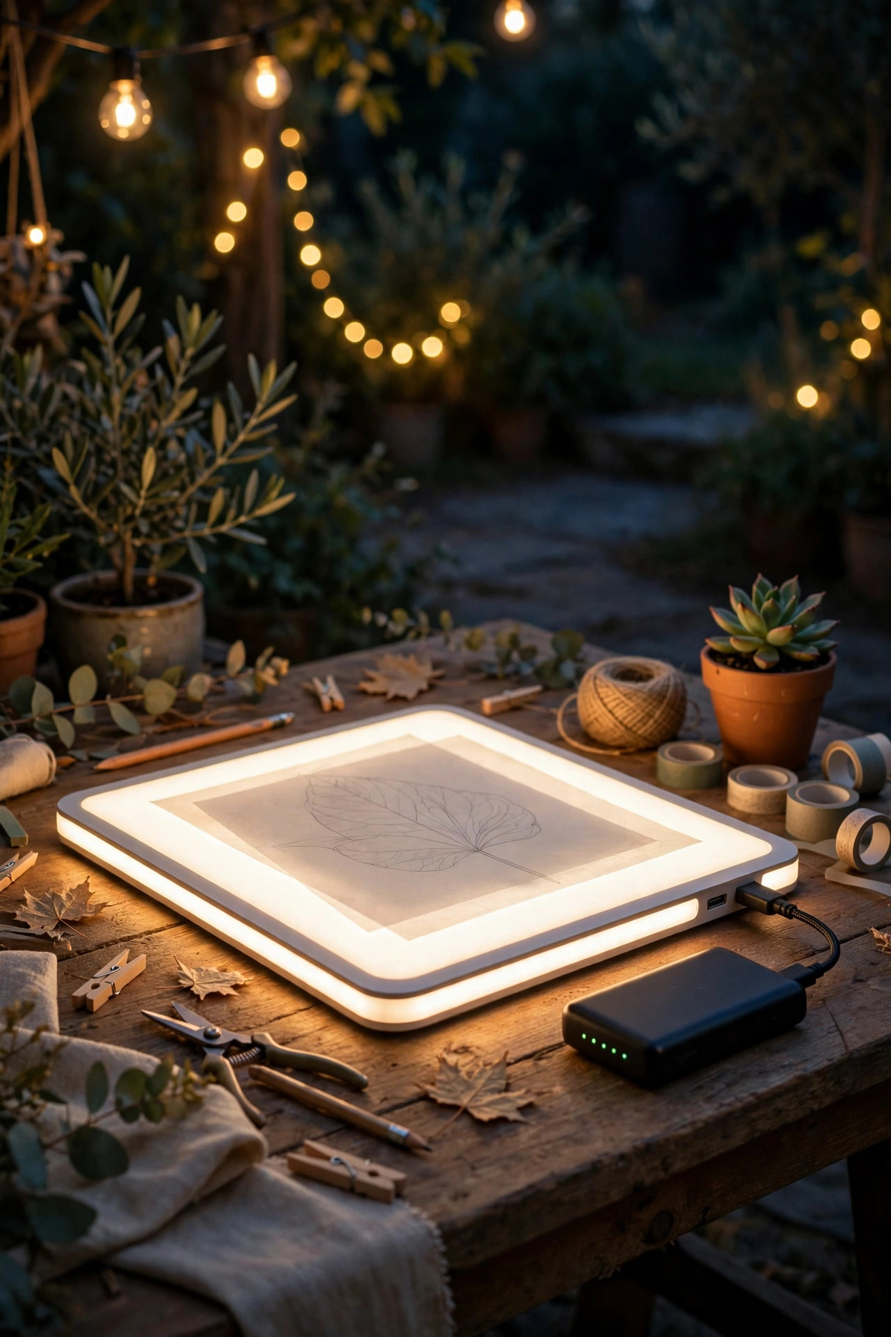 LED light pad tracing station with power bank set up at the side of an outdoor craft table at night