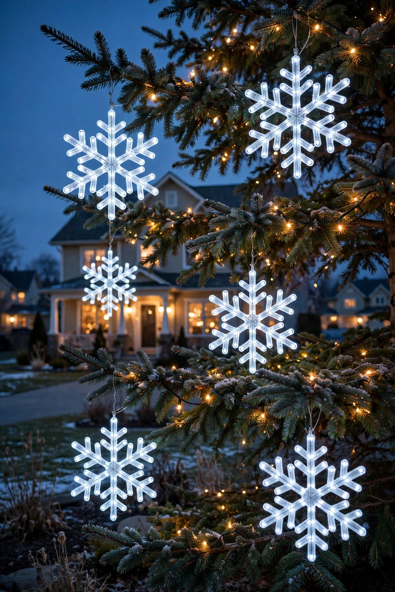Light-up snowflake ornaments hanging on an outdoor Christmas tree at dusk