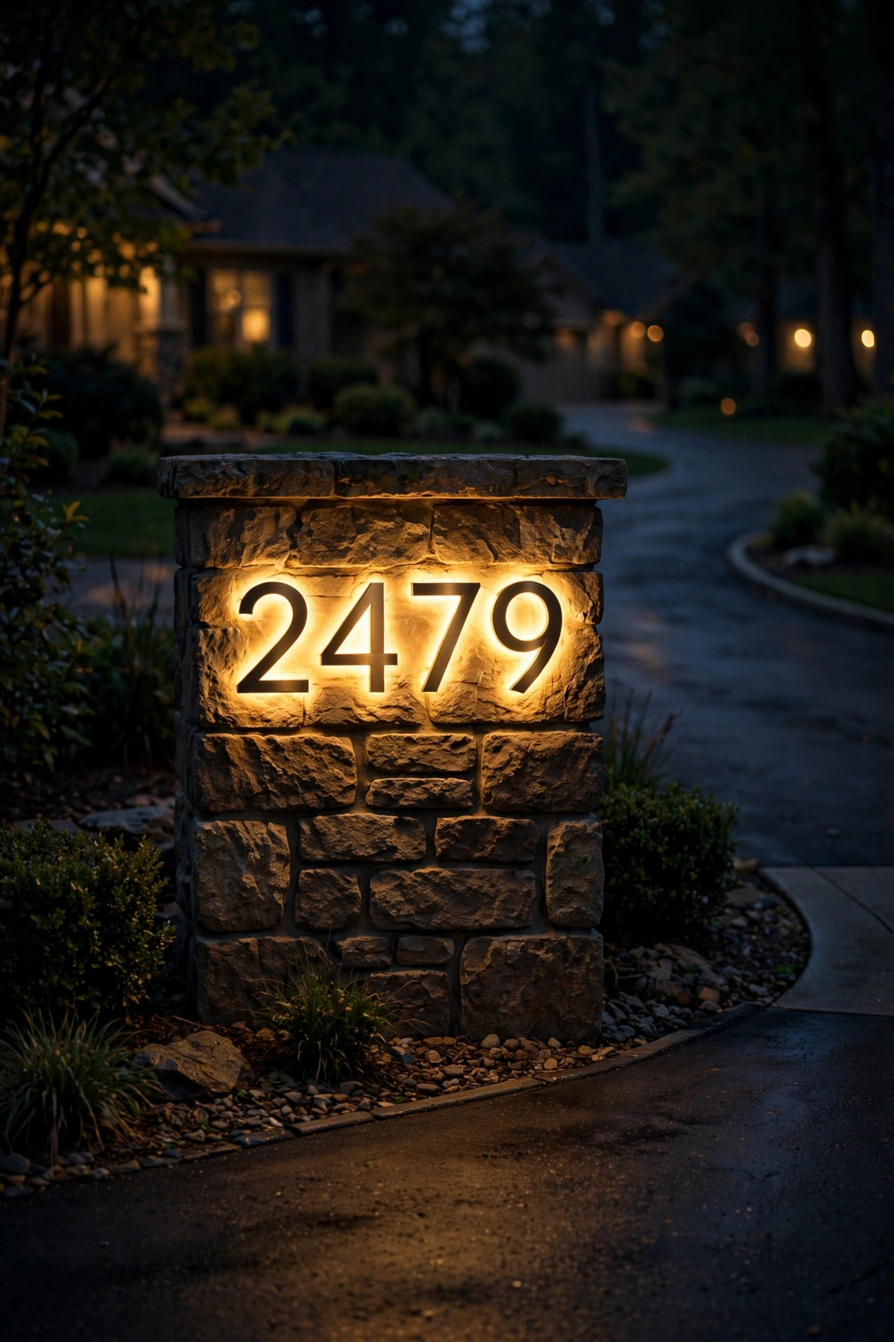 Backlit house address numbers glowing on a pillar at the end of a driveway