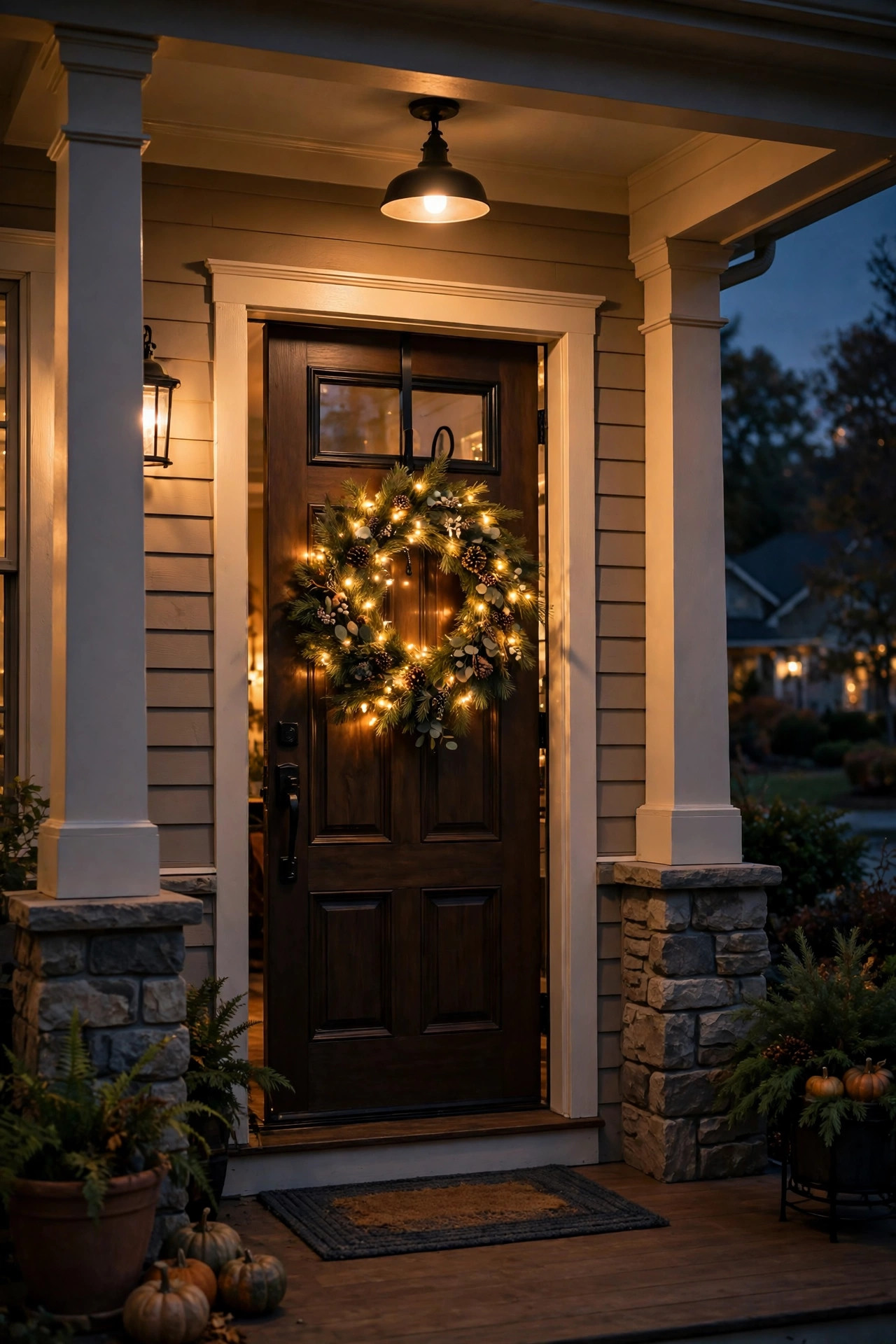 Lighted wreath with warm fairy lights hanging on a front door of an open porch at night