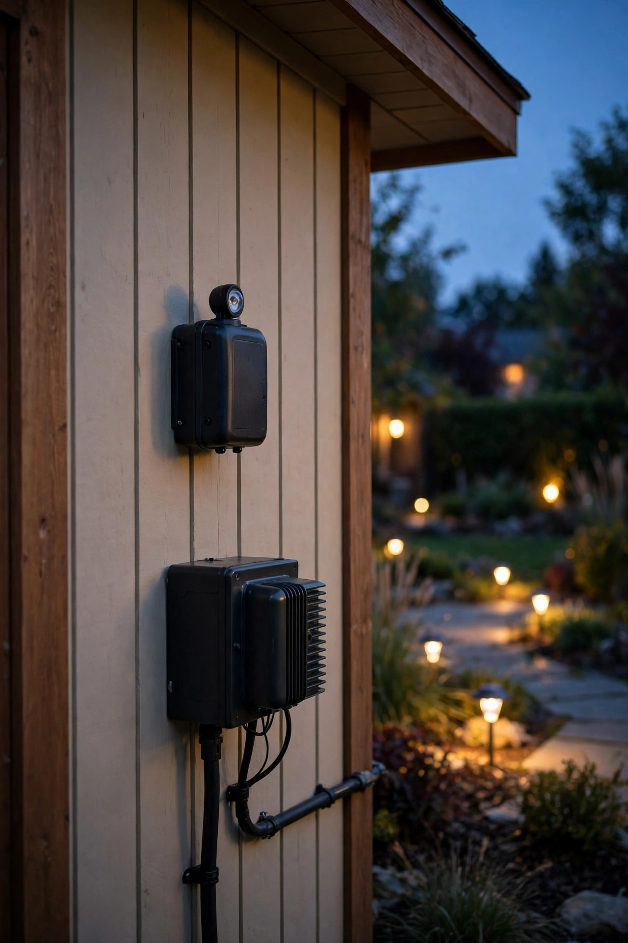 Outdoor lighting timer and transformer set to turn landscape lights on automatically at dusk