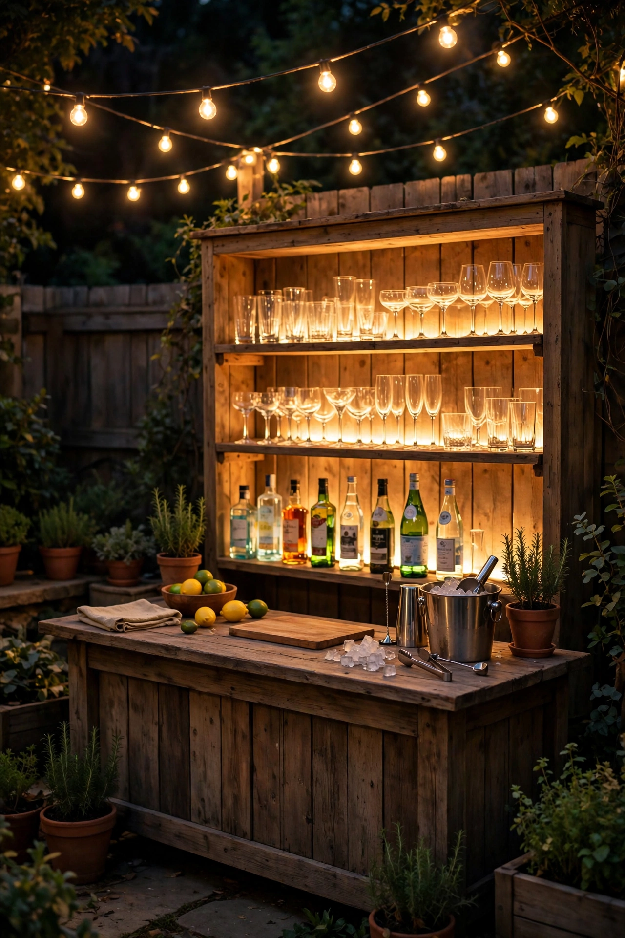Backyard party bar and drink station glowing with string lights and backlit bottles at night