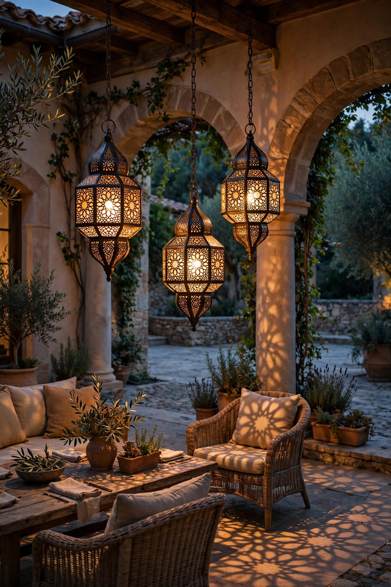 Pierced metal lantern pendants hanging under a covered loggia casting patterned warm light over courtyard seating