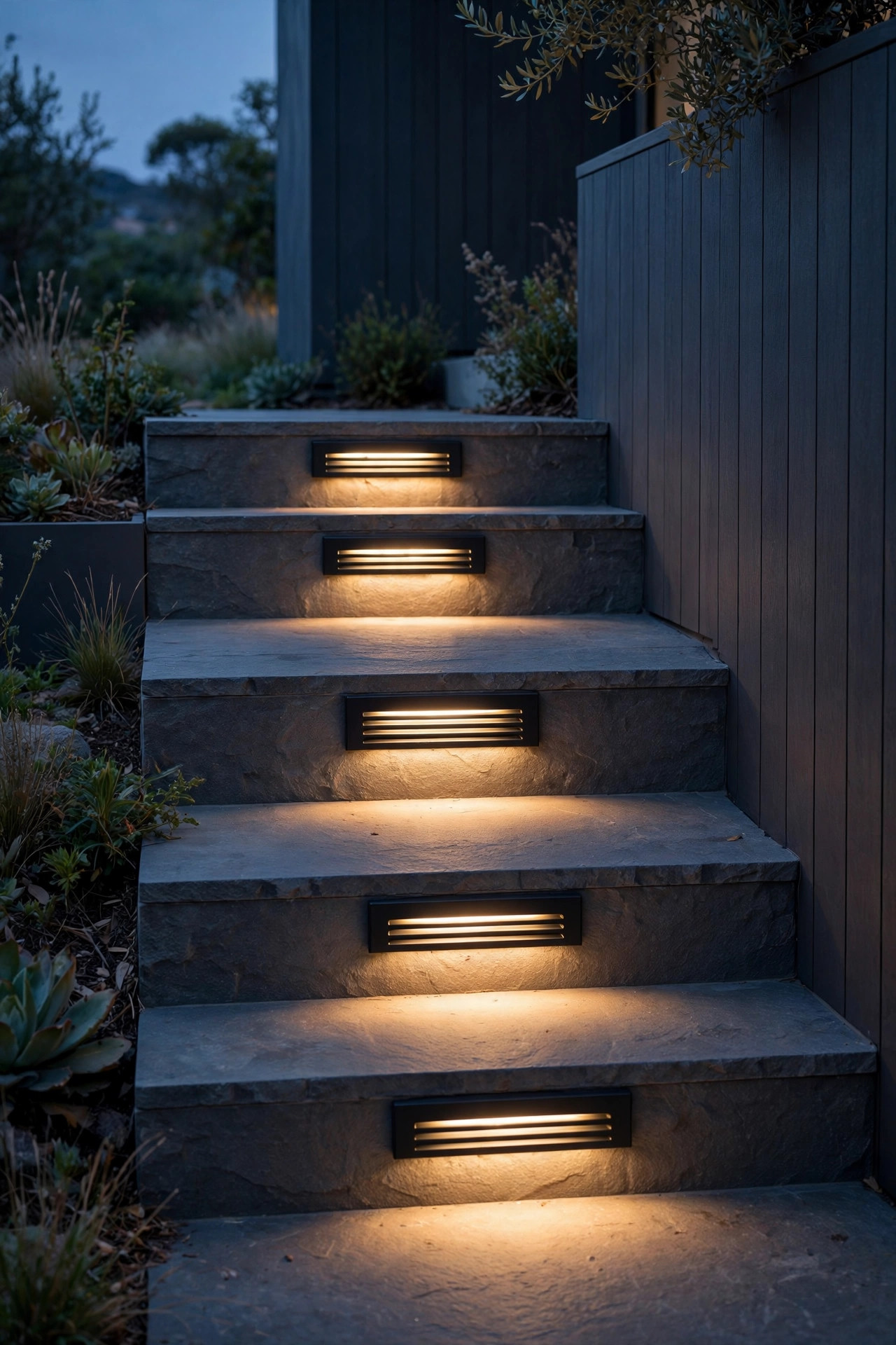 Louvered recessed step lights directing warm light downward onto treads with no glare at dusk