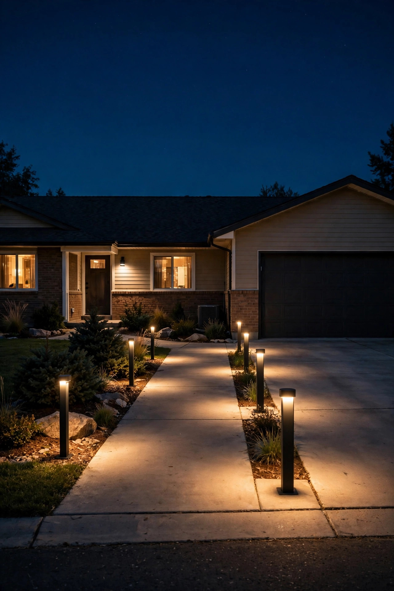 Short modern bollard lights flanking a ranch home walkway and driveway apron at night