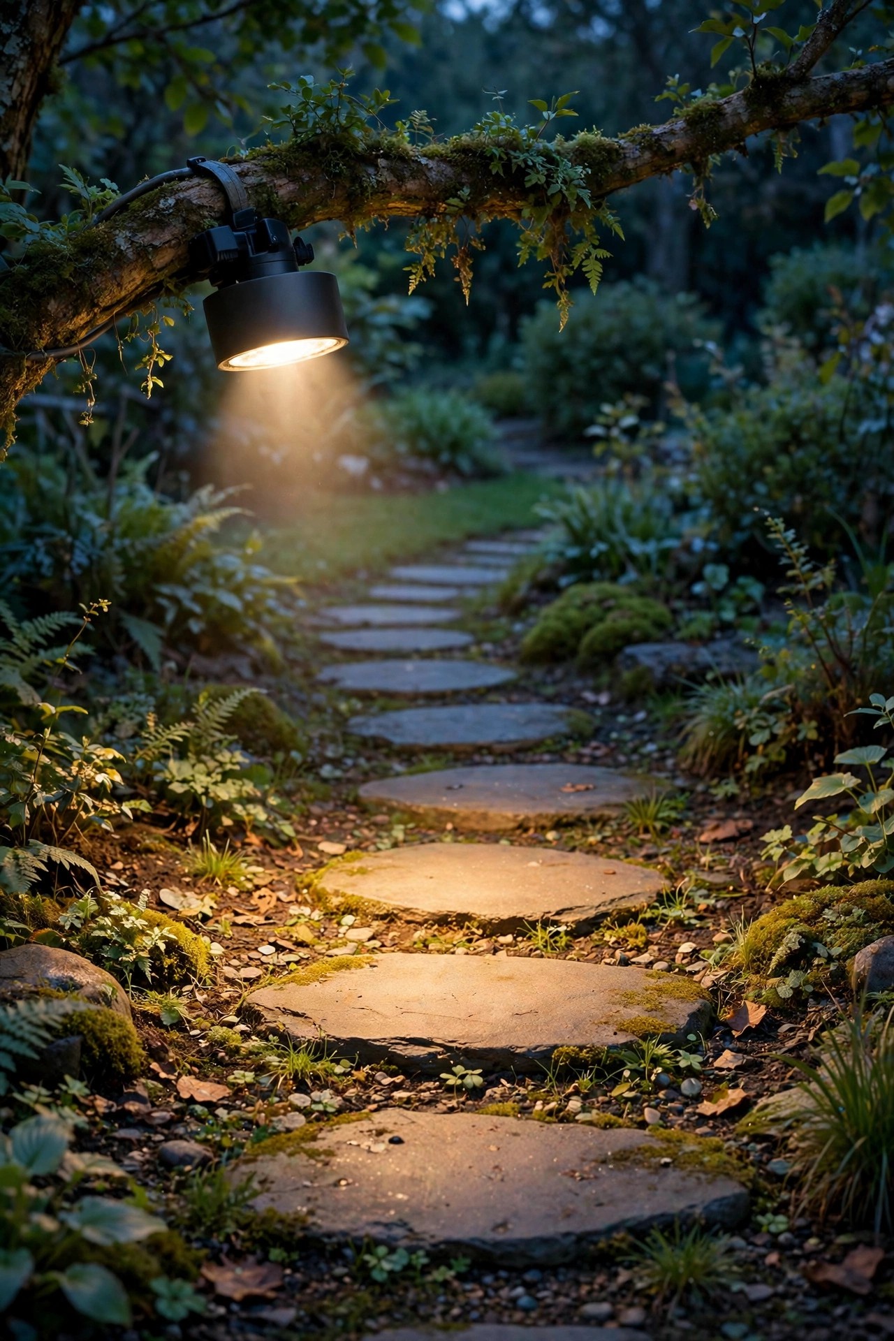 Shielded downlight on a low tree branch casting a calm even pool of light over garden path stepping stones at dusk