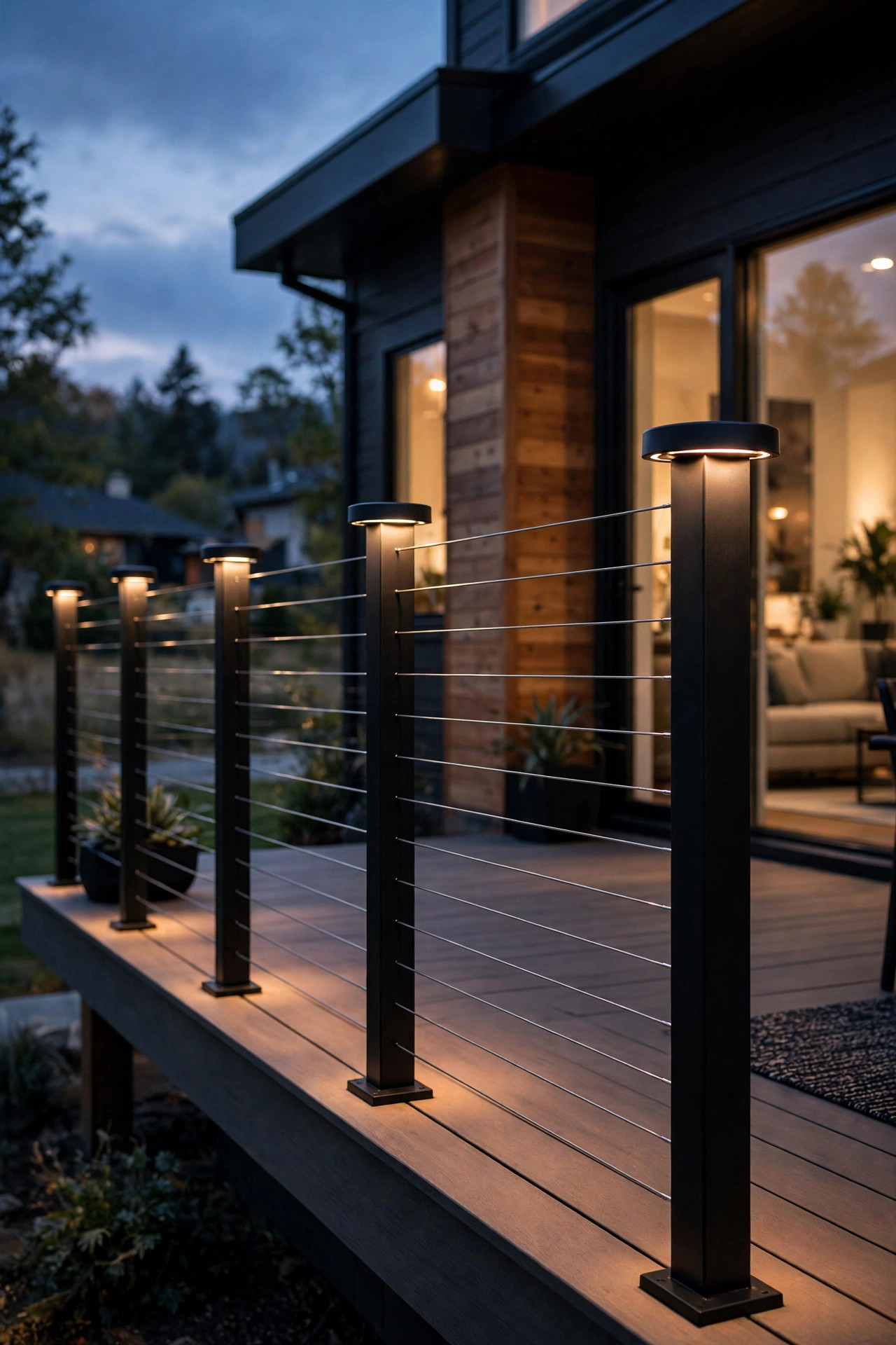Sleek low-profile flush post cap lights on a modern cable-railing deck at dusk