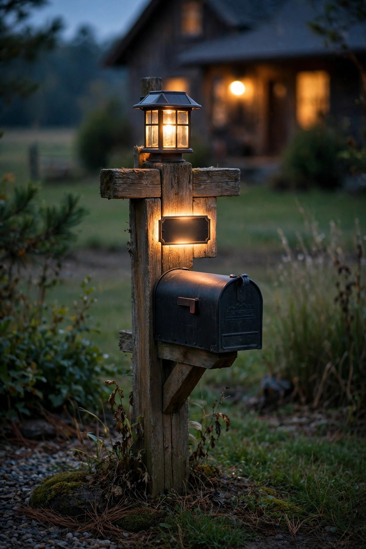 Farmhouse mailbox post at dusk with a small solar lantern and clearly lit reflective house numbers