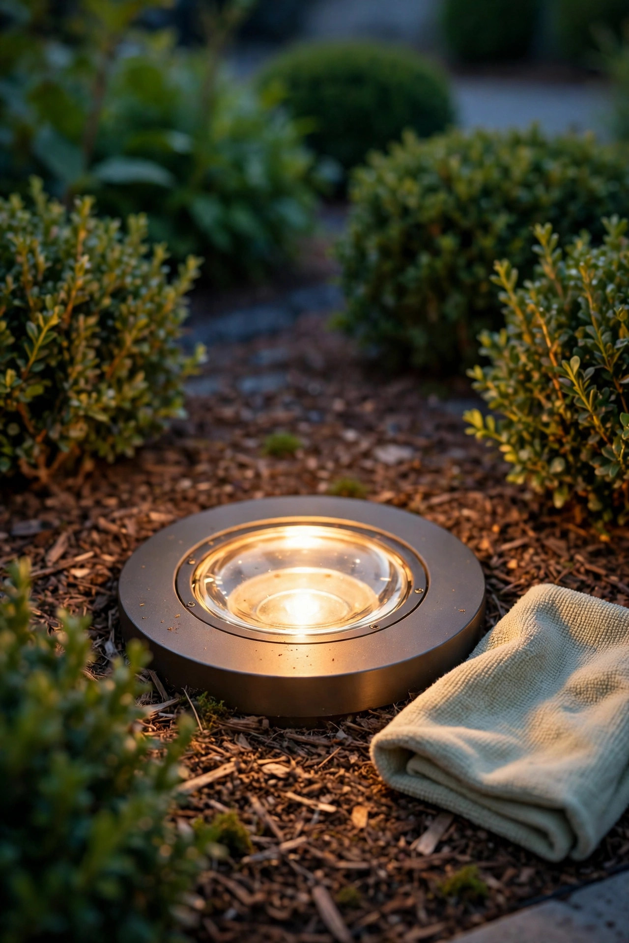 Hand wiping a landscape path light lens clean with a soft cloth in a garden bed, shrubs trimmed back around a spotlight fixture
