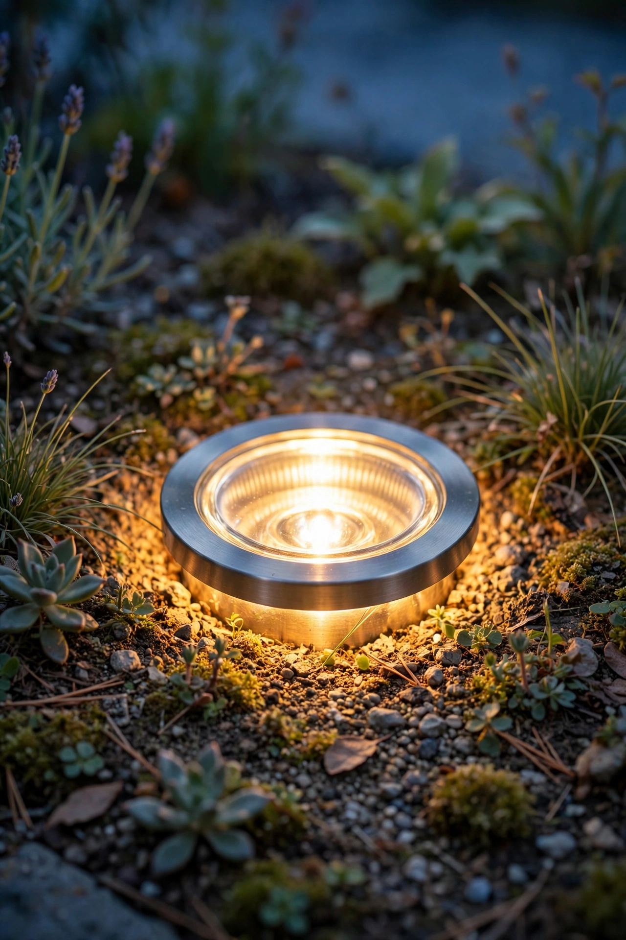 Person wiping clean the lens of an in-ground well light in a landscaped bed at dusk