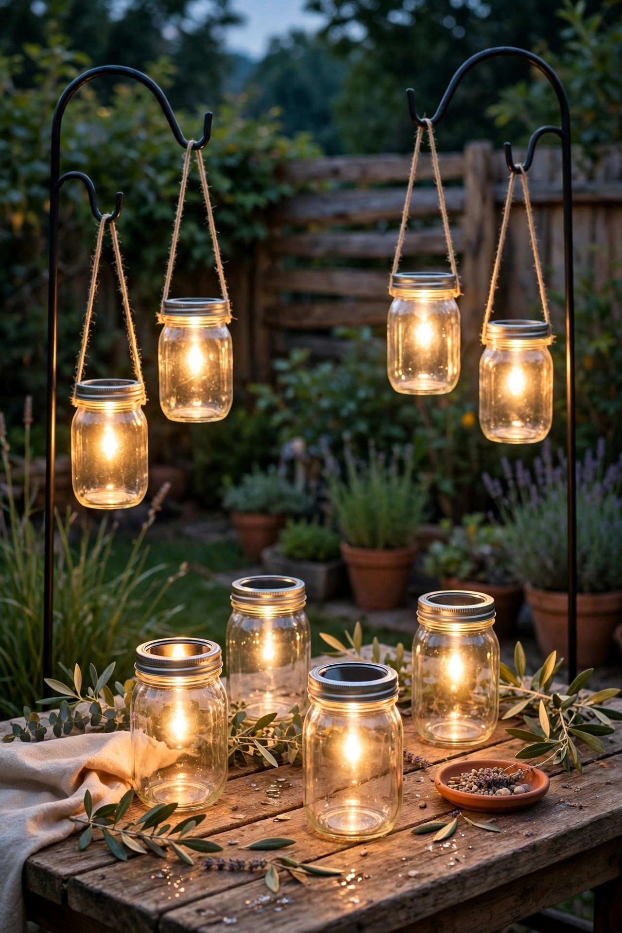 Mason jar solar lanterns glowing on a backyard dining table and hanging from shepherd's hooks